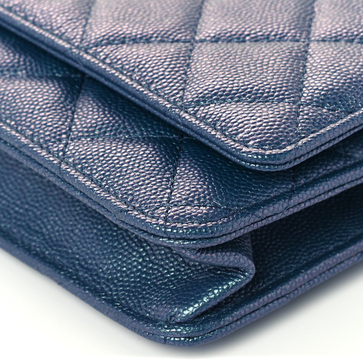 Iridescent Caviar Quilted Wallet On Chain WOC Dark Blue
