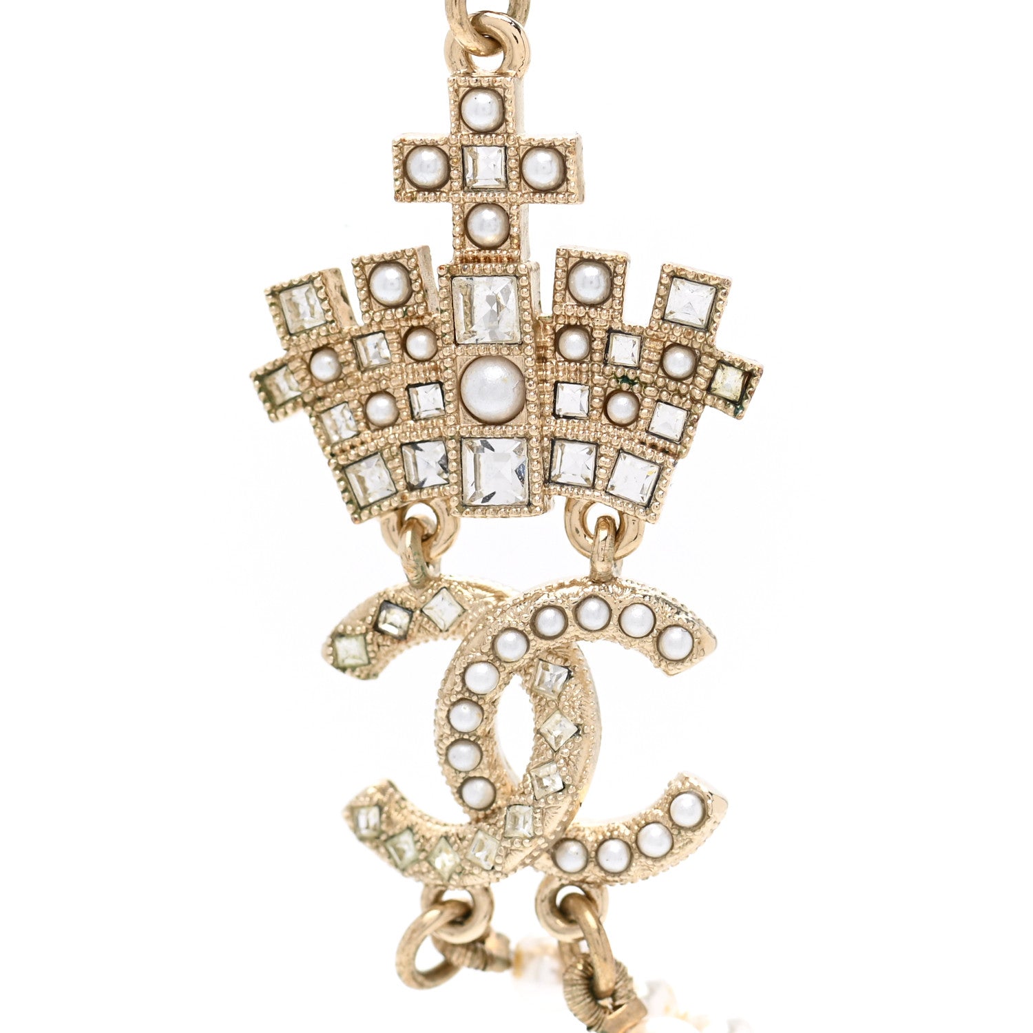 Chanel Pearl Crystal CC Crown Multi Strand Necklace Gold 4 of 7