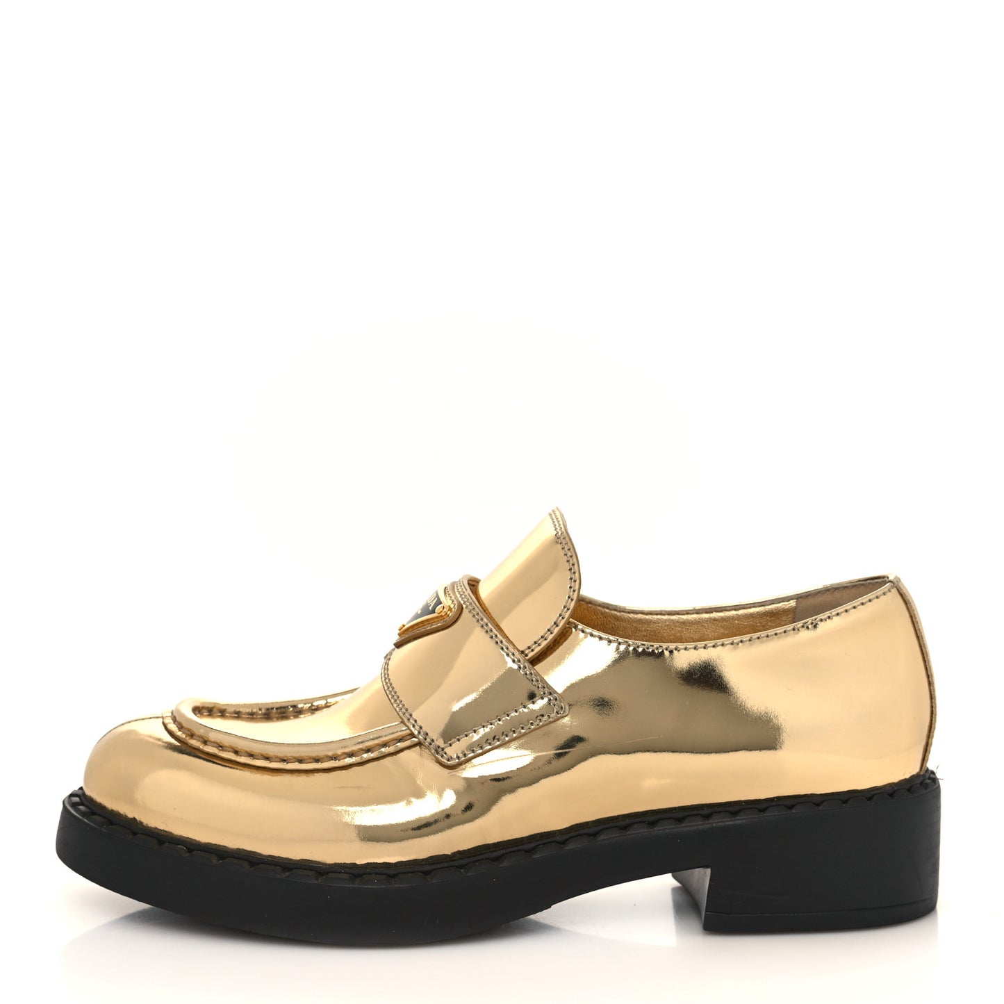 Metallic Brushed Calfskin Metal Triangle Logo 50mm Loafers 39 Platino