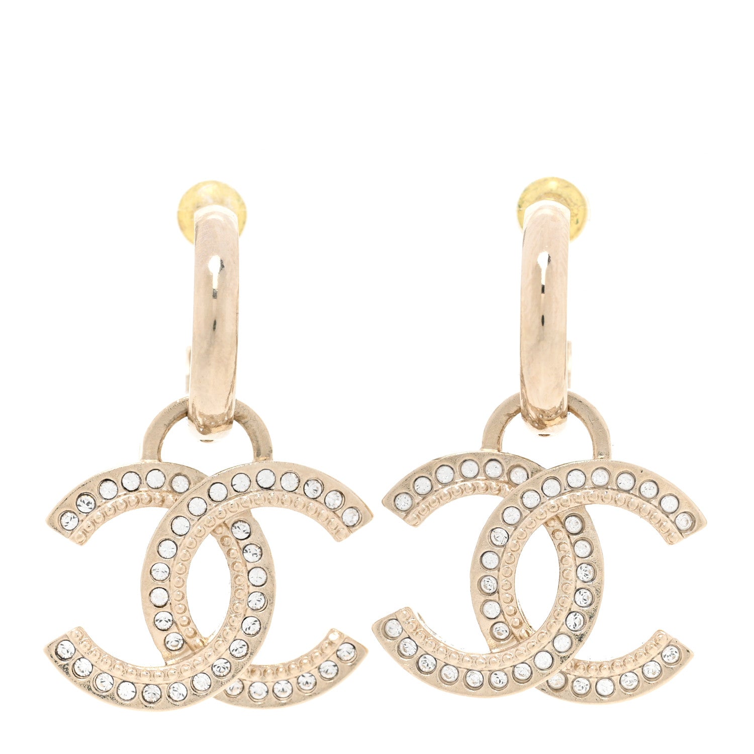 Chanel Metal Crystal Studded CC Hoop Drop Earrings Gold 1 of 4