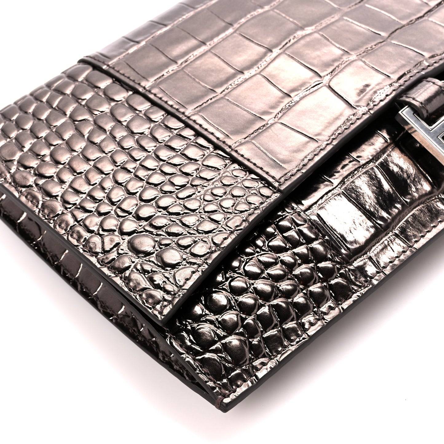 Shiny Metallic Calfskin Crocodile Embossed Hourglass Flap Flat Pouch Dark Bronze