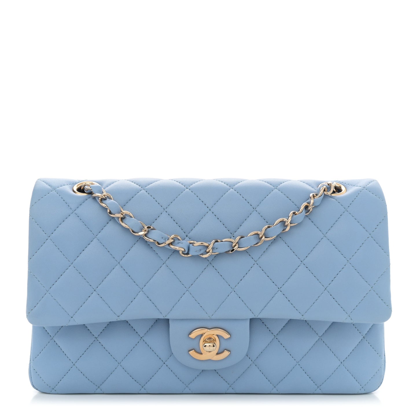 Lambskin Quilted Medium Double Flap Light Blue