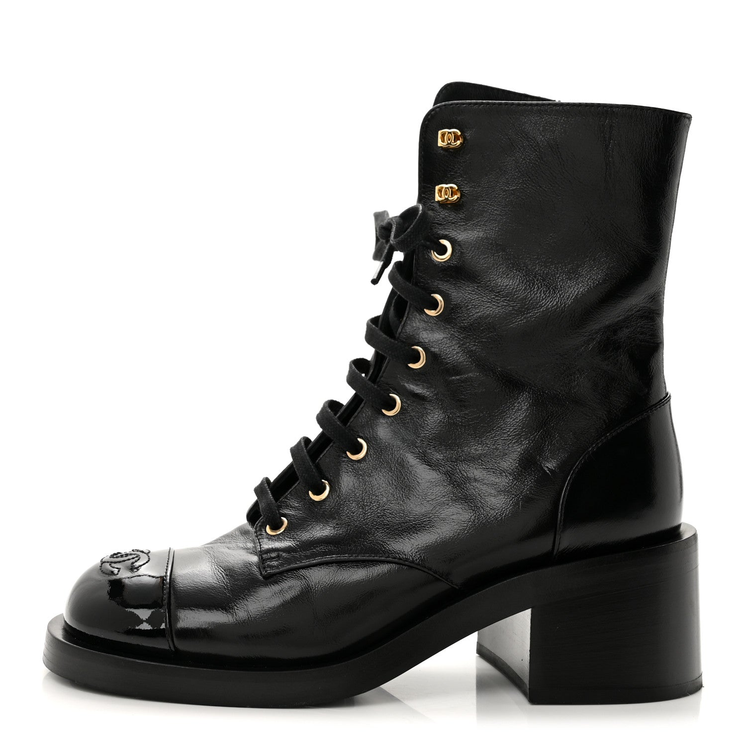 Chanel Shiny Calfskin Patent Cap Toe Lace Up Combat Boots 39 Black