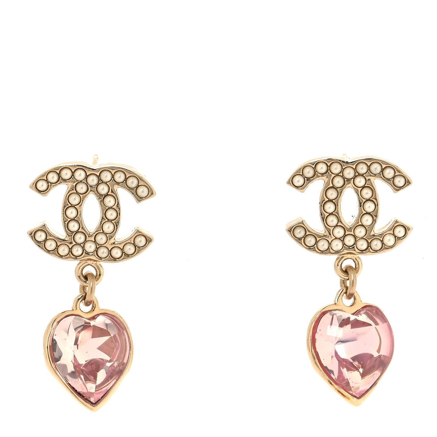Chanel Crystal Heart CC Drop Earrings Pink Gold 1 of 5