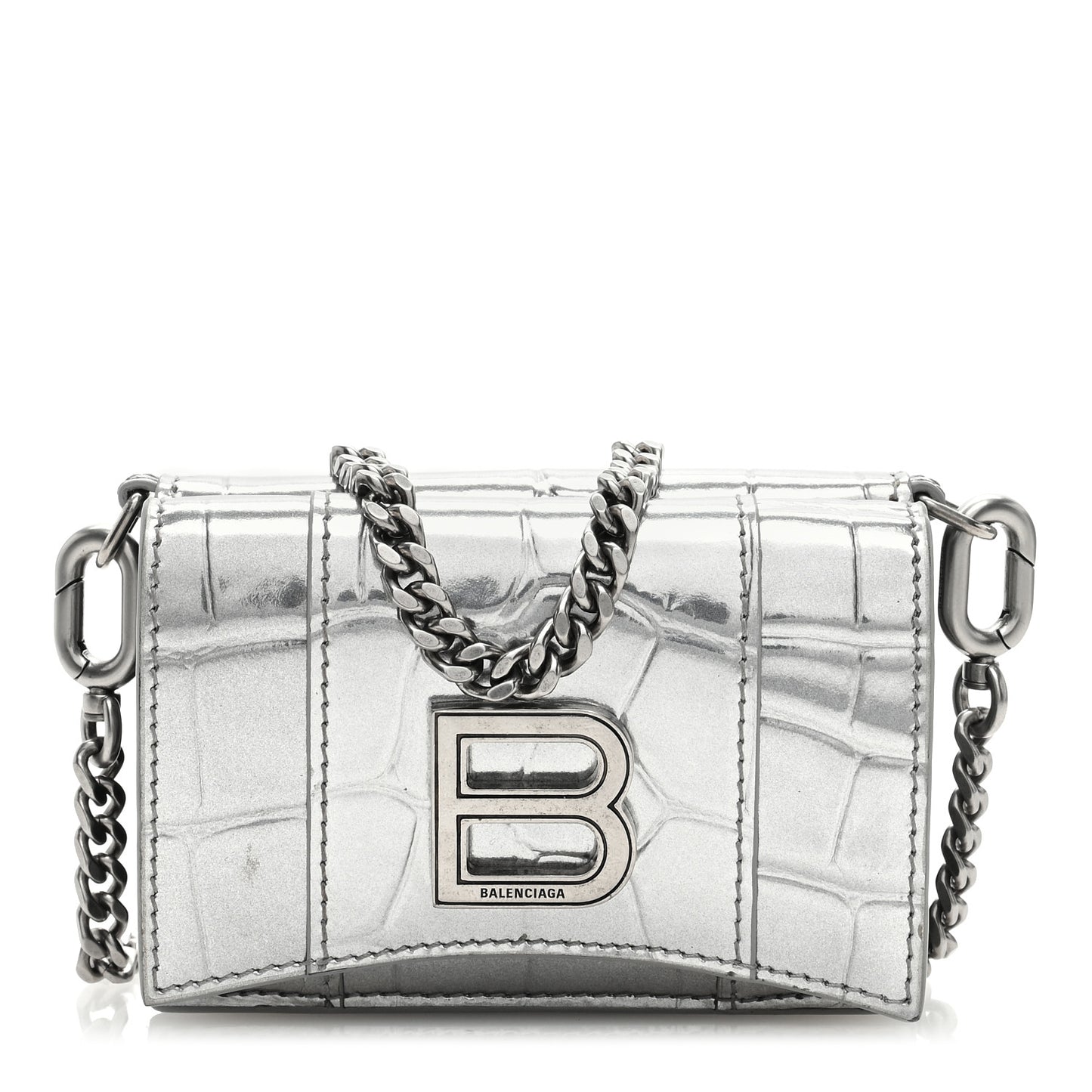 Metallic Calfskin Crocodile Embossed Mini Hourglass Wallet on Chain Silver