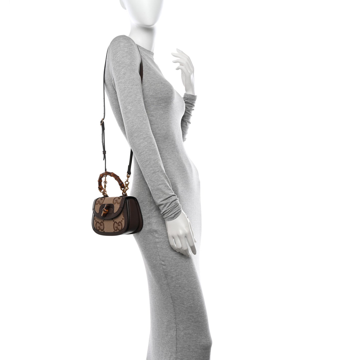 Monogram Jumbo GG Textured Dollar Calfskin Web Mini Bamboo 1947 Top Handle Bag Camel Ebony New Acero
