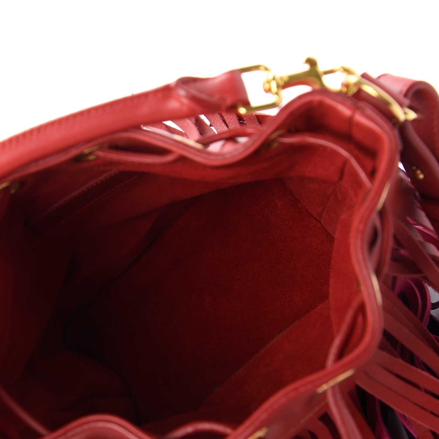 Calfskin Tri-Color Small Emmanuelle Fringe Bucket Bag Red Bubblegum Purple