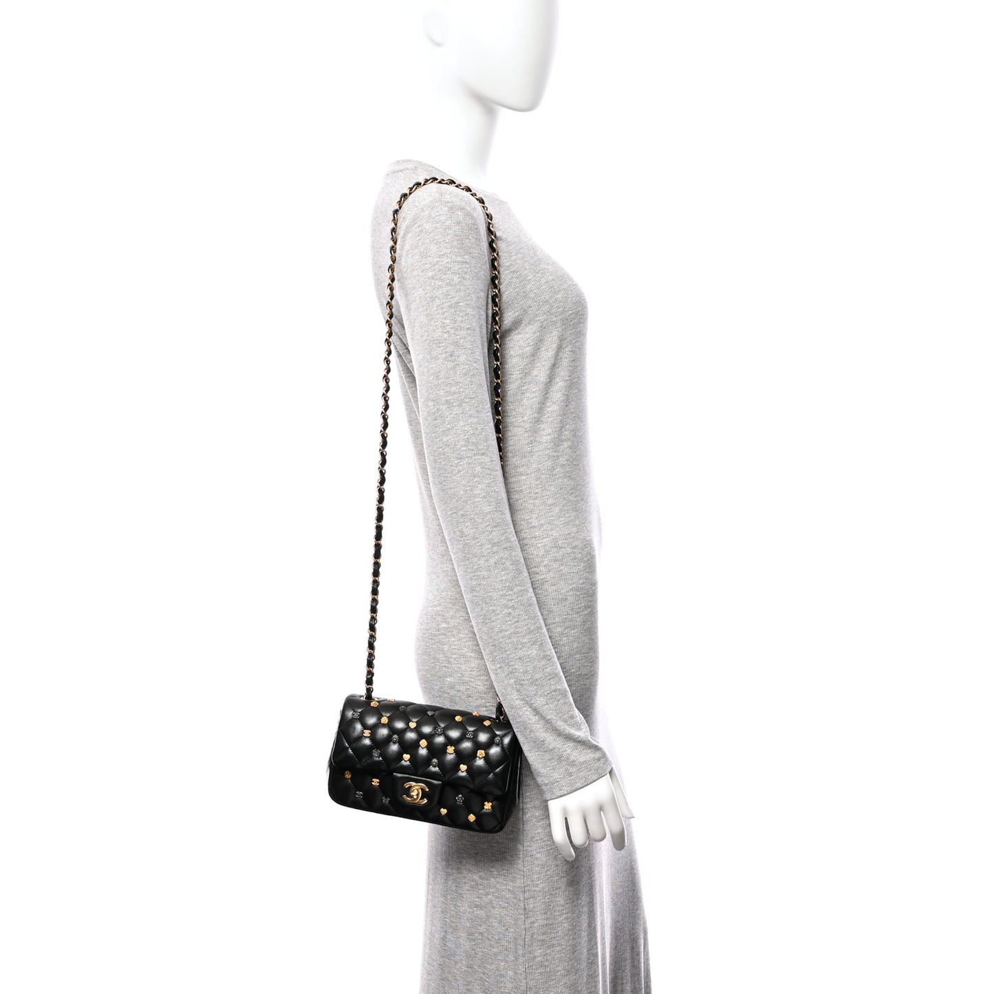 Lambskin Quilted Studded Mini Rectangular Flap Black
