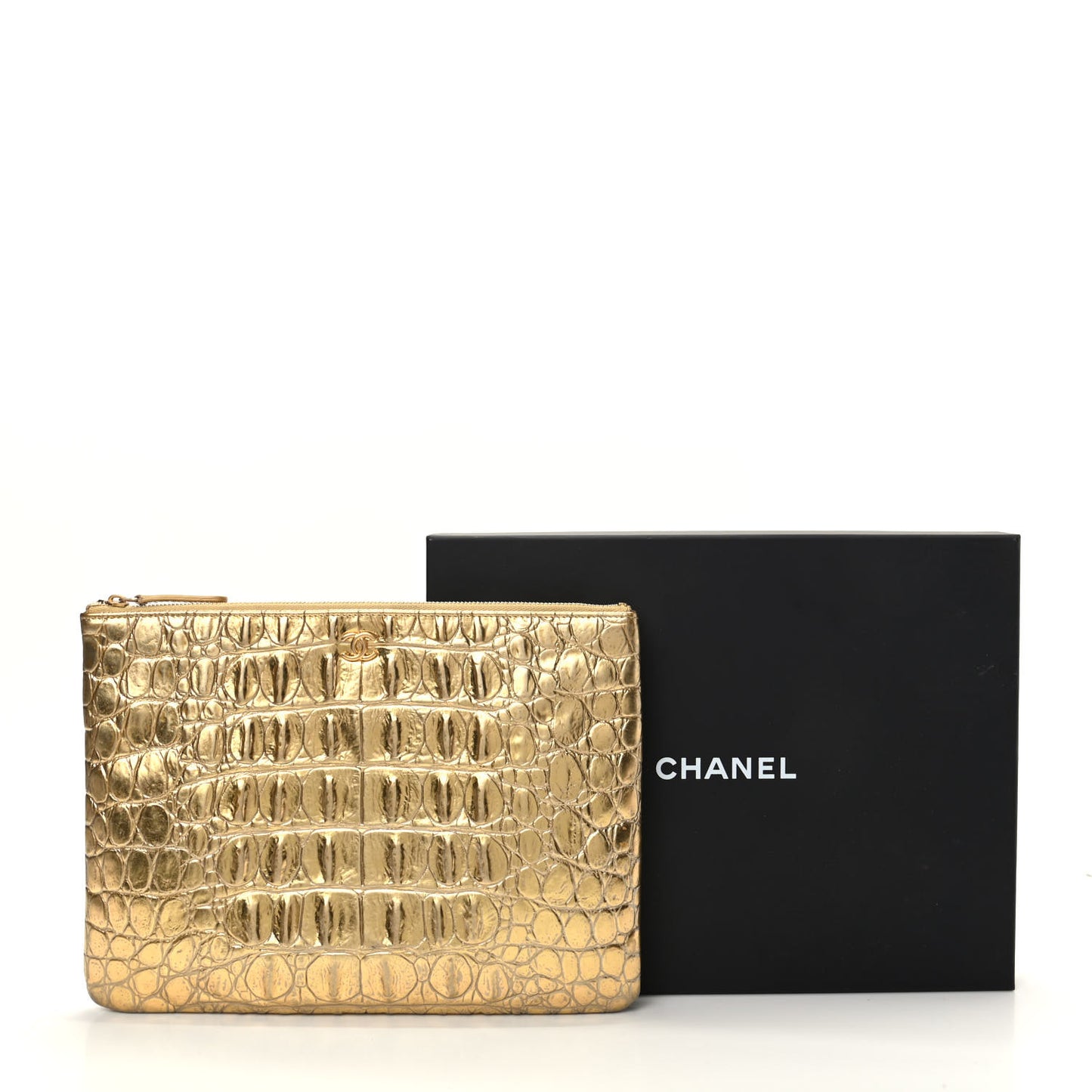 Metallic Calfskin Crocodile Embossed Medium Cocodile Cosmetic Case Gold