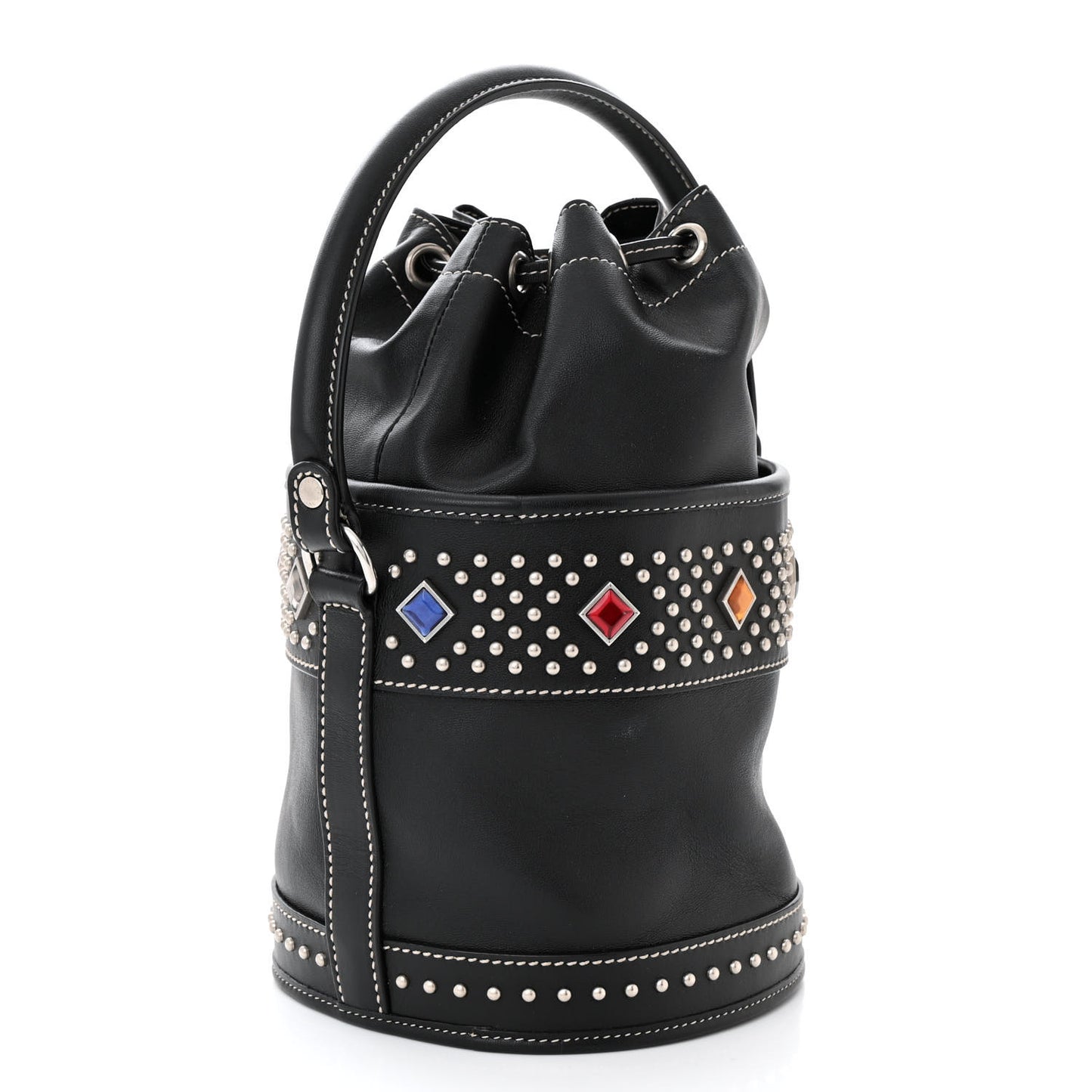 Smooth Calfskin Studded Small Bahia Drawstring Bucket Bag Black Multicolor