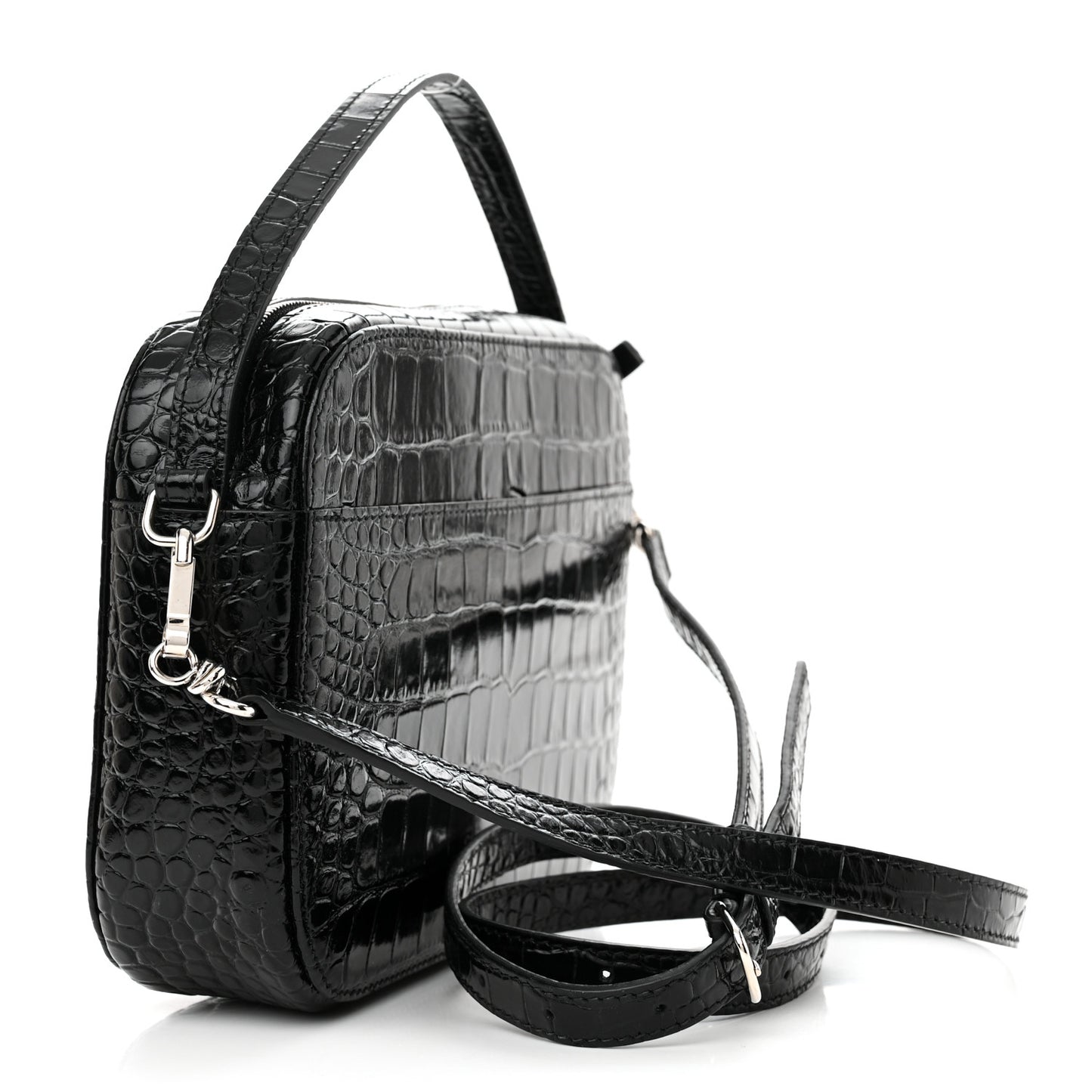 Shiny Calfskin Logo Crocodile Embossed S Everyday Camera Bag with Handle Black