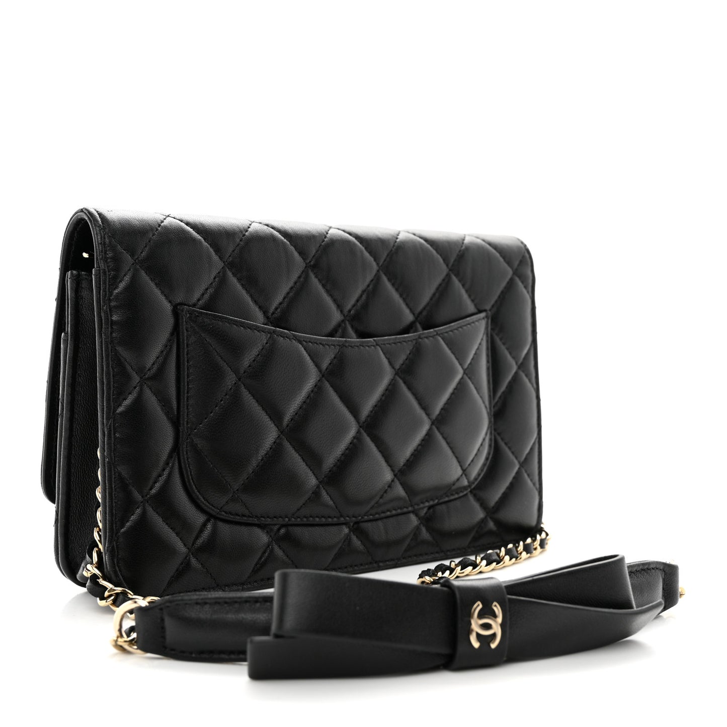 Lambskin Quilted Coco Bow Wallet On Chain WOC Black