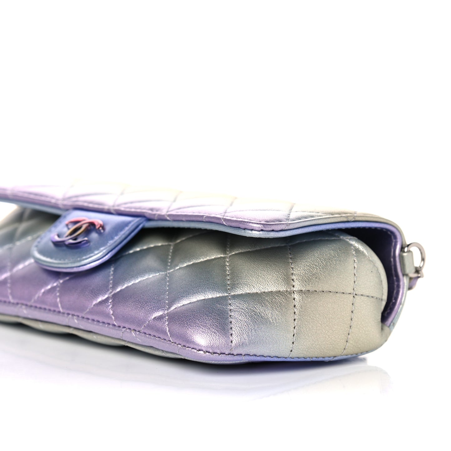 Gradient Metallic Calfskin Quilted Glasses Case With Chain Silver Blue Yellow Purple