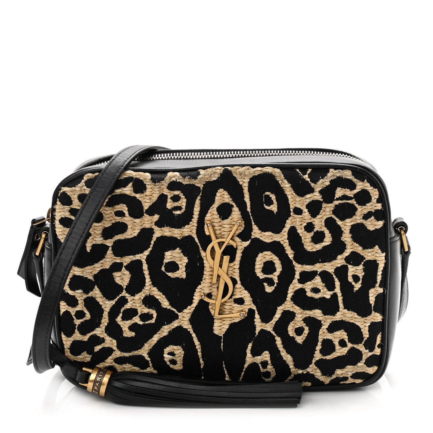 Raffia Calfskin Leopard Print Monogram Lou Camera Bag Natural Beige Black