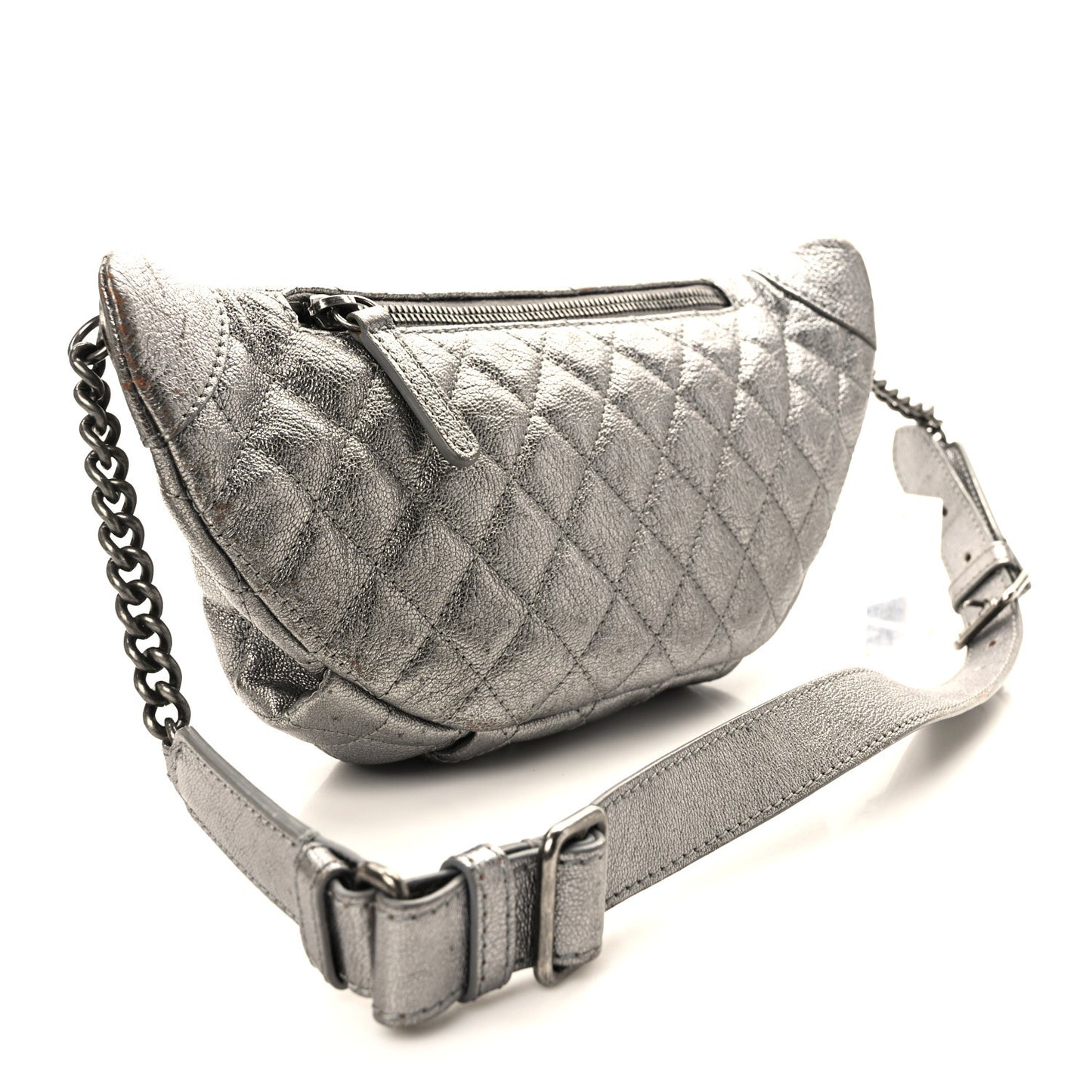 Metallic Goatskin Quilted Banane Waist Bag Fanny Pack Silver