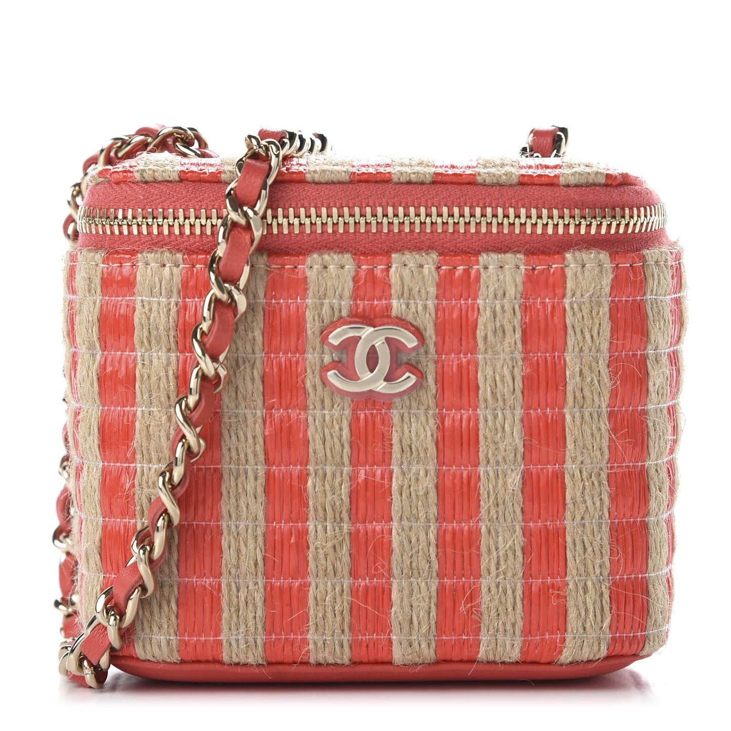 Raffia Jute Striped Mini Vanity Case With Chain Red Beige
