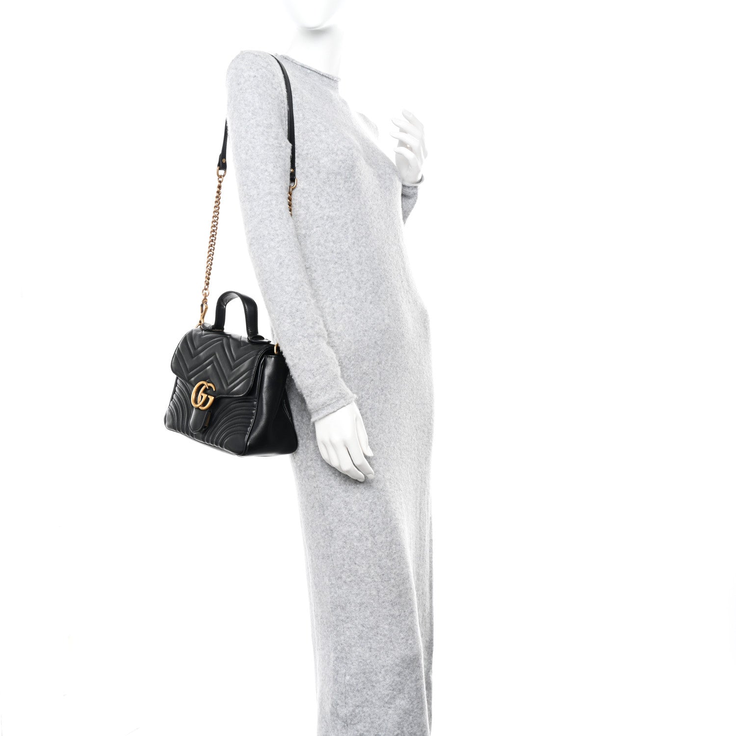 Gucci Calfskin Matelasse Small GG Marmont Top Handle Shoulder Bag Black 2 of 10