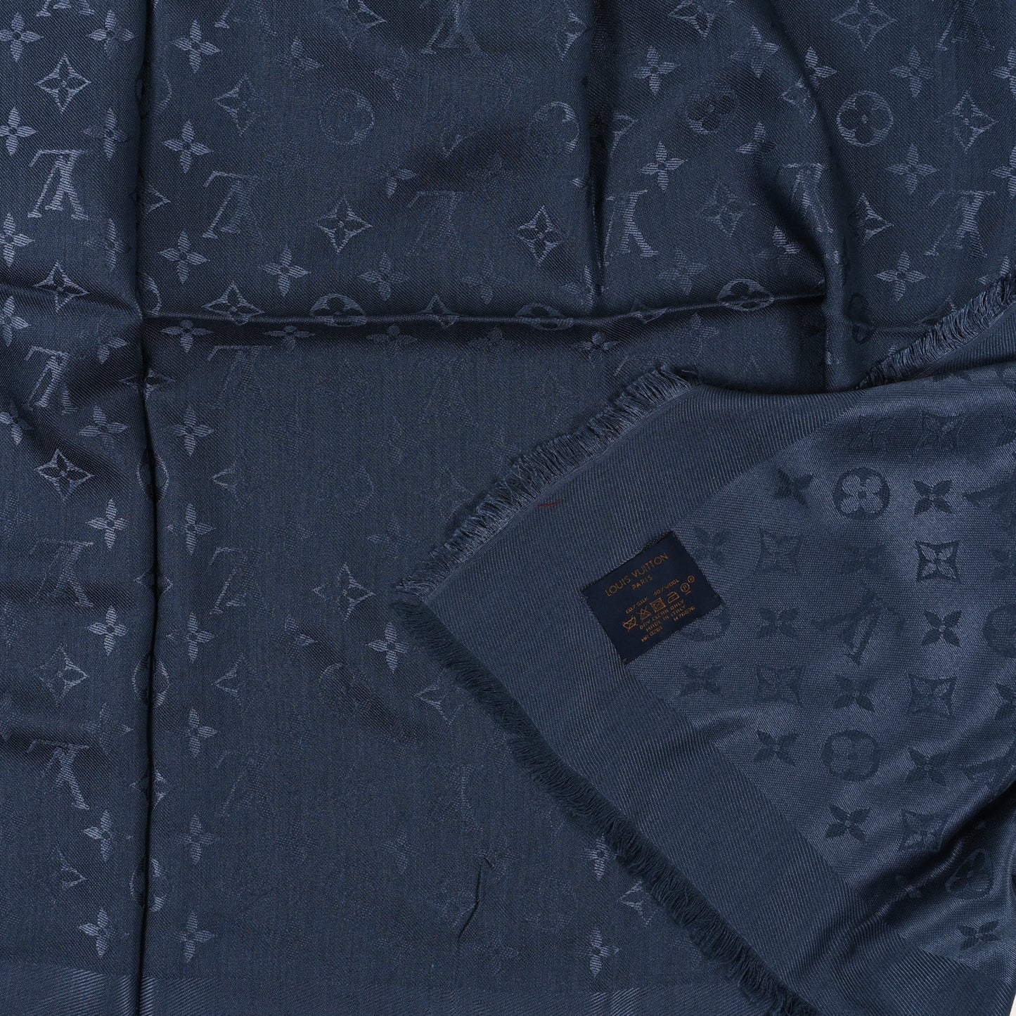 Silk Wool Monogram Shawl Night Blue