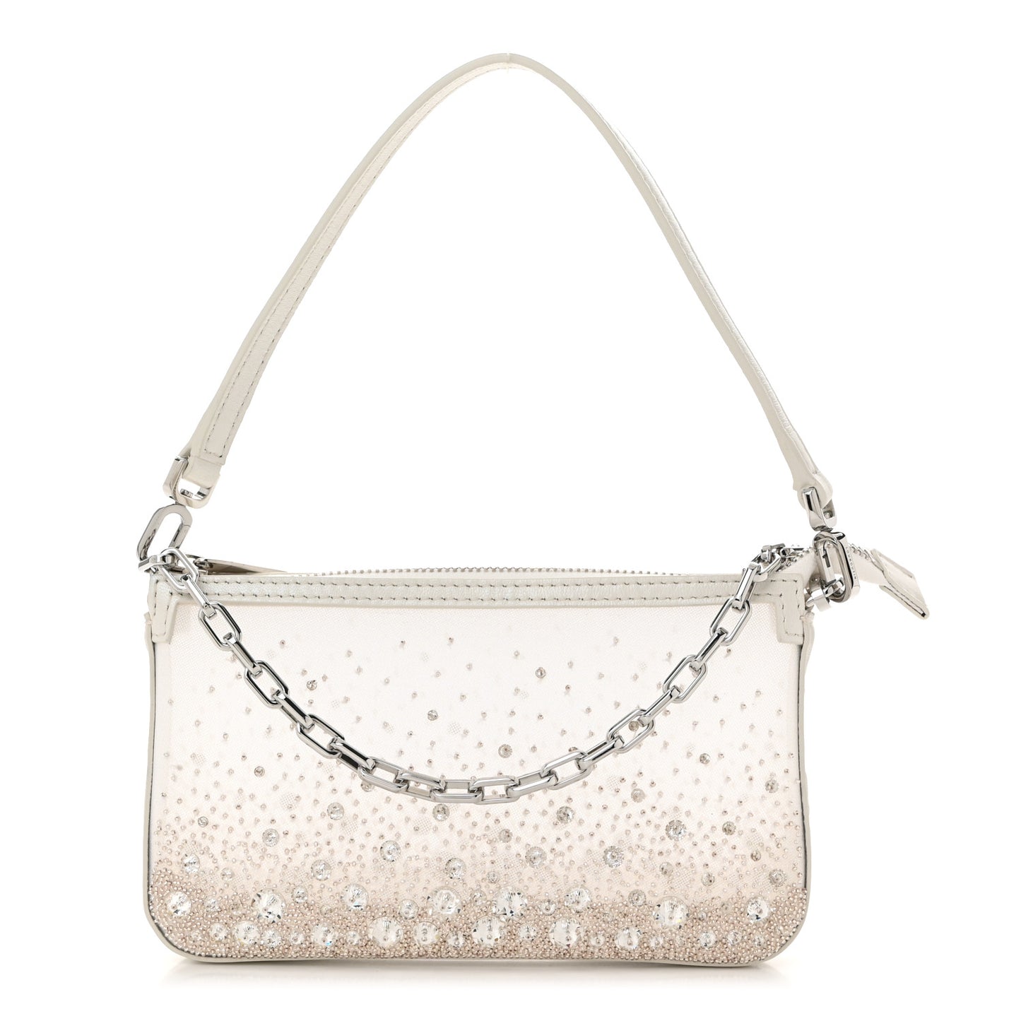 Mesh Fabric Crystal Embellished Mini Loubila Chain Clutch Bianco Silver