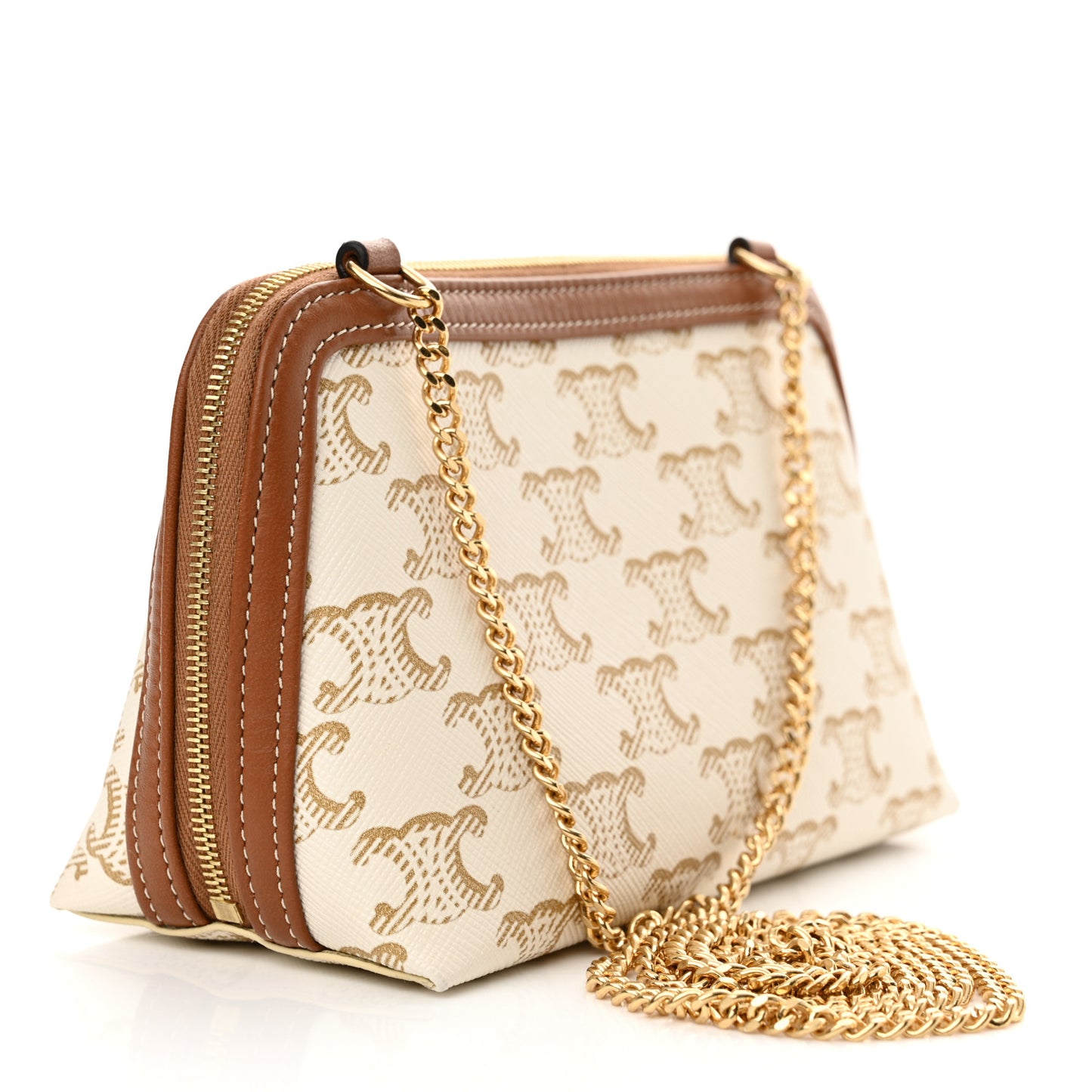 Lambskin Triomphe Canvas Clutch With Chain White Tan