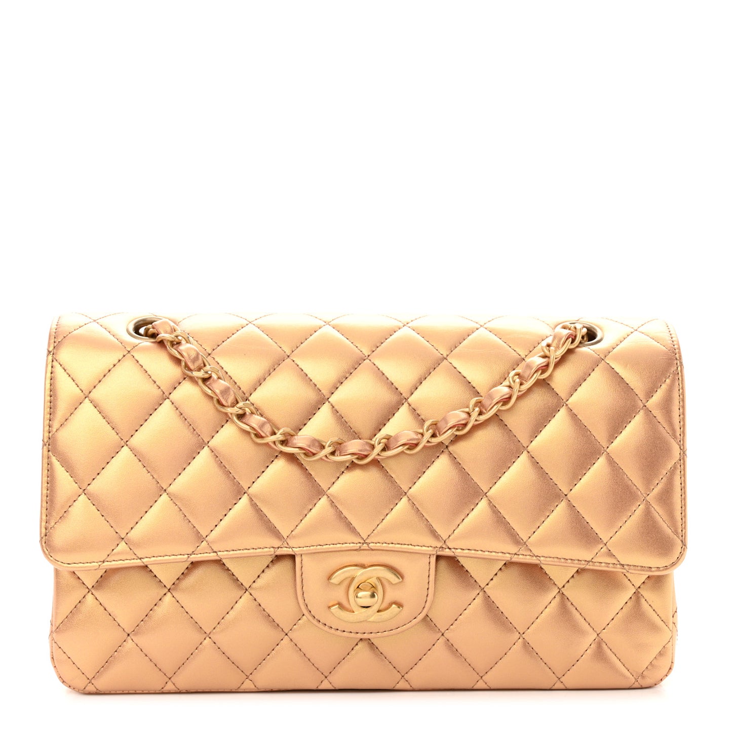 Metallic Lambskin Quilted Medium Double Flap Golden