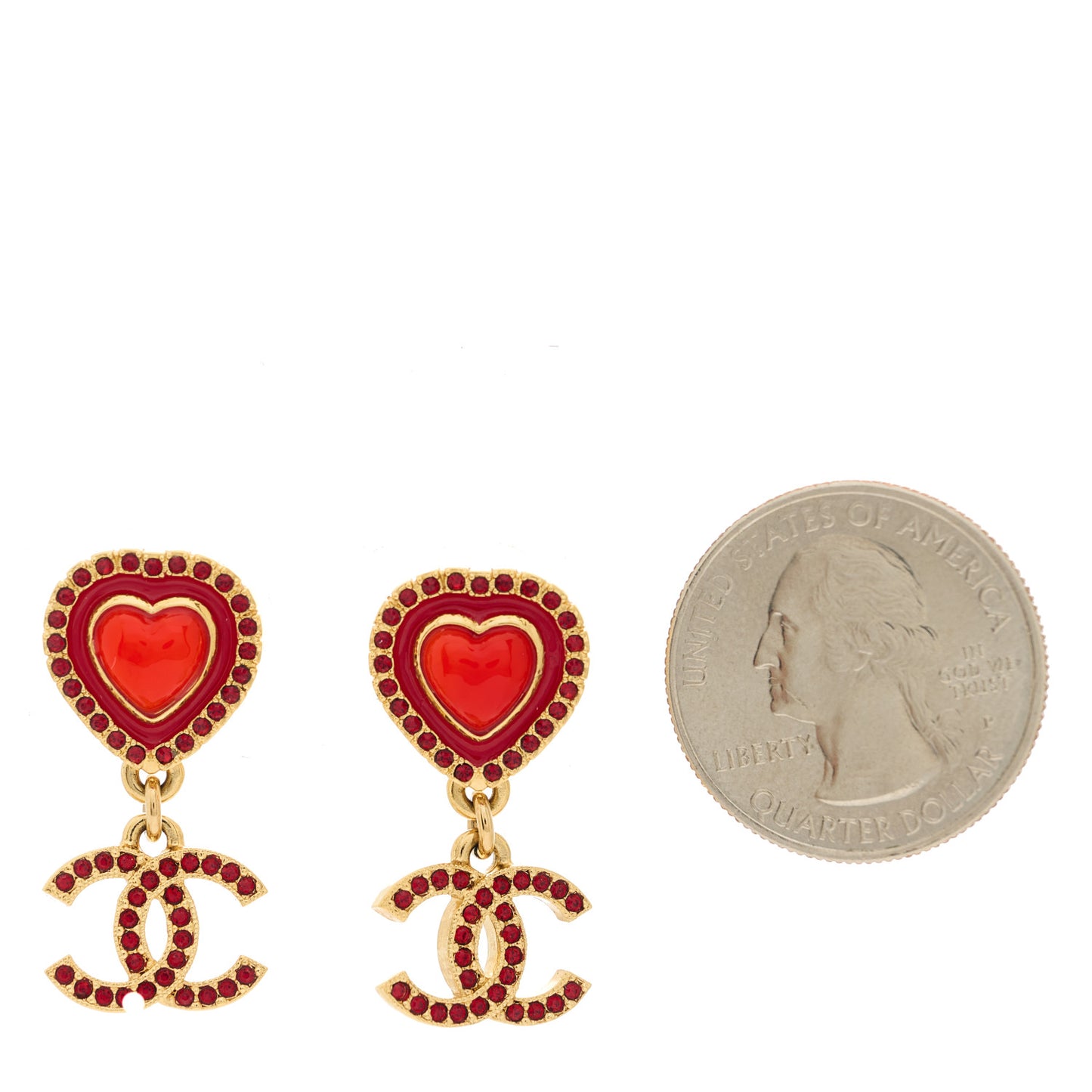 Resin Crystal CC Heart Drop Earrings Red Gold