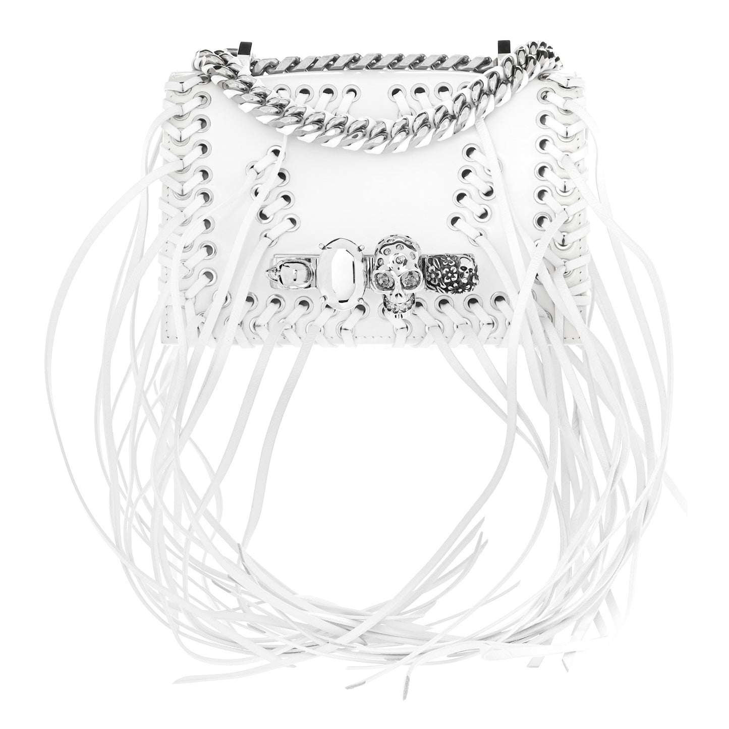 Calfskin Woven Fringe Mini Jeweled Satchel White