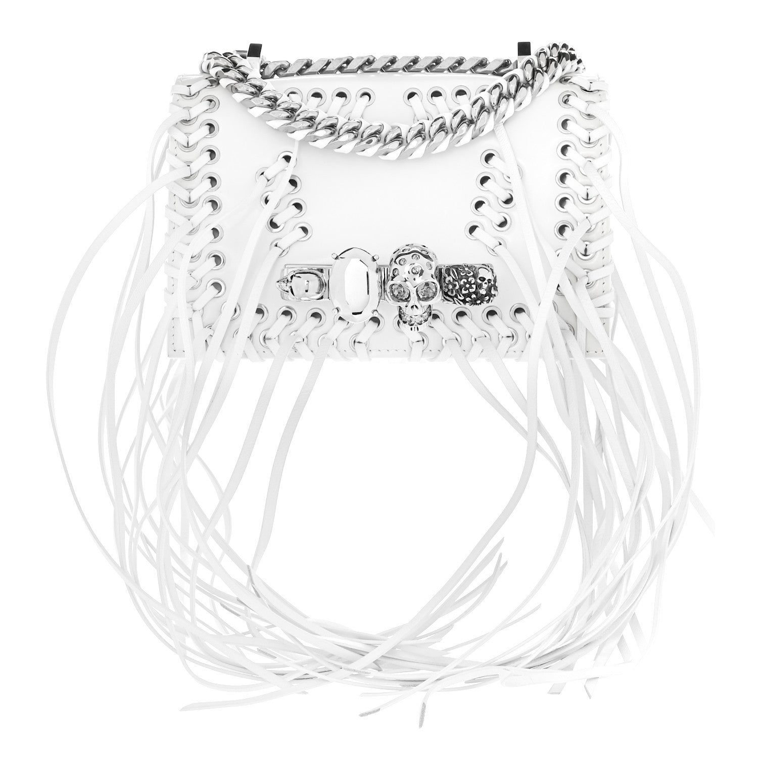 Alexander McQueen Calfskin Woven Fringe Mini Jeweled Satchel White 1 of 9