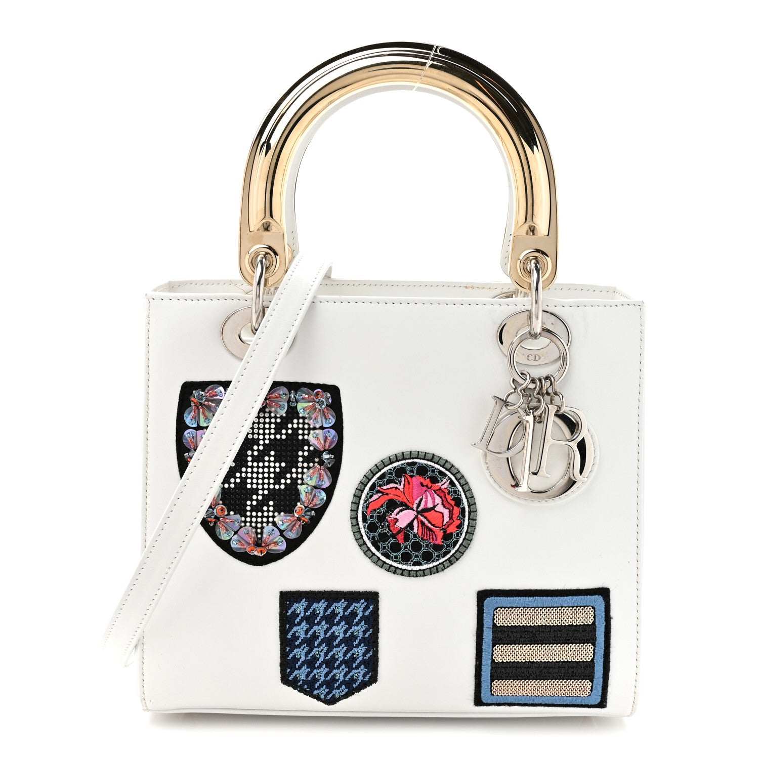 Christian Dior Calfskin Patch Embellished Medium Lady Dior White