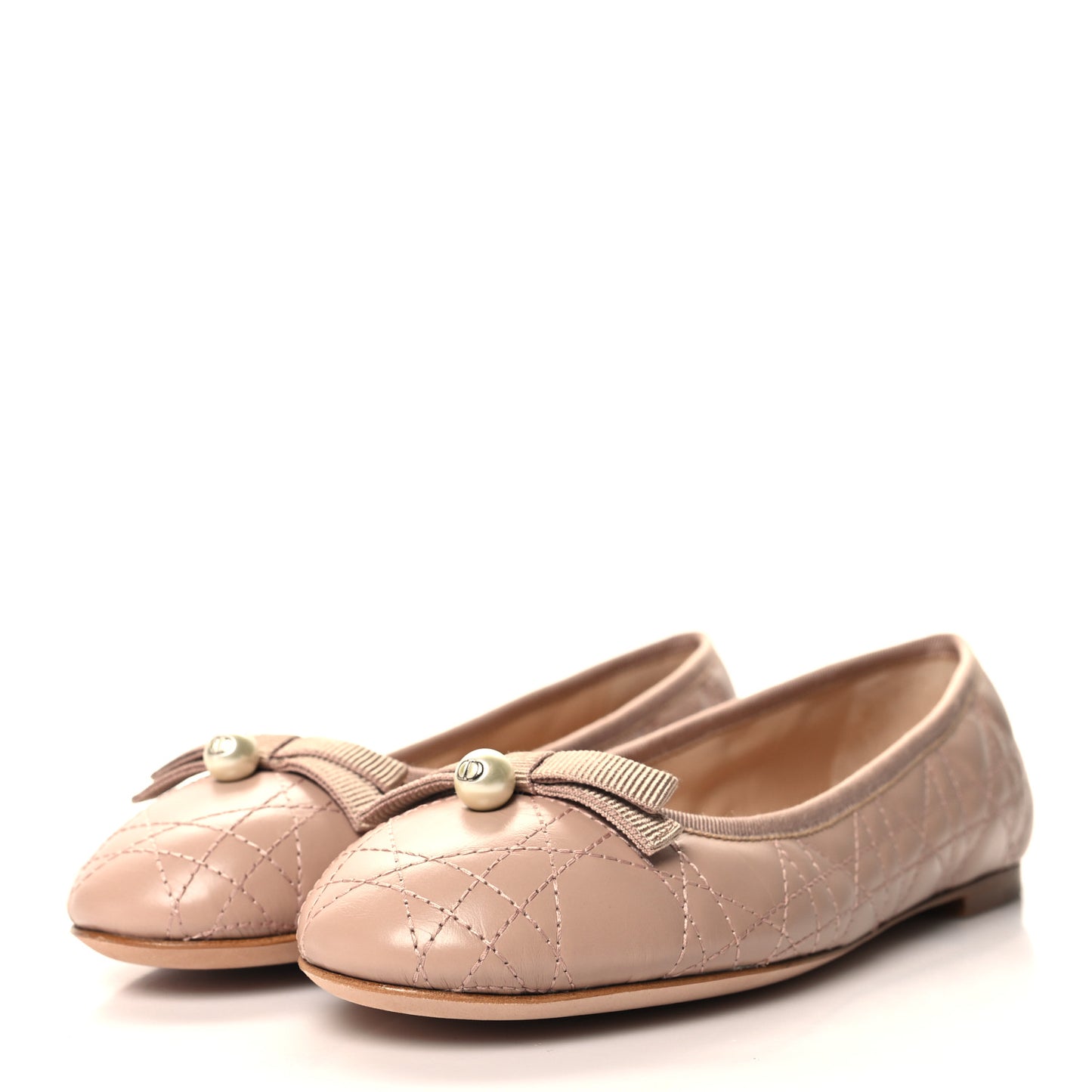 Calfskin Cannage Pearl Bow Ballet Flats 36 Nude
