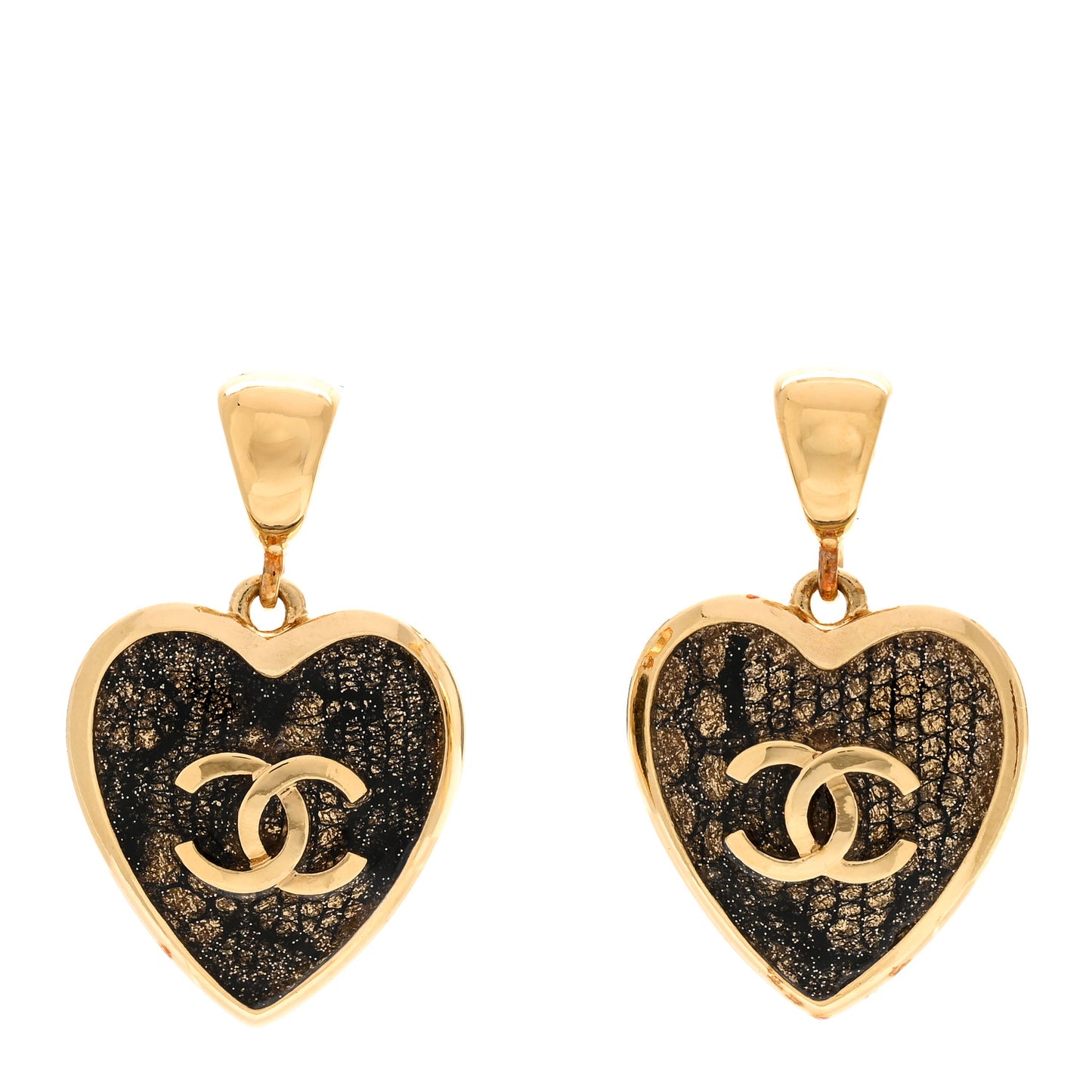 Metal Lace Resin Glass CC Heart Drop Earrings Gold Black