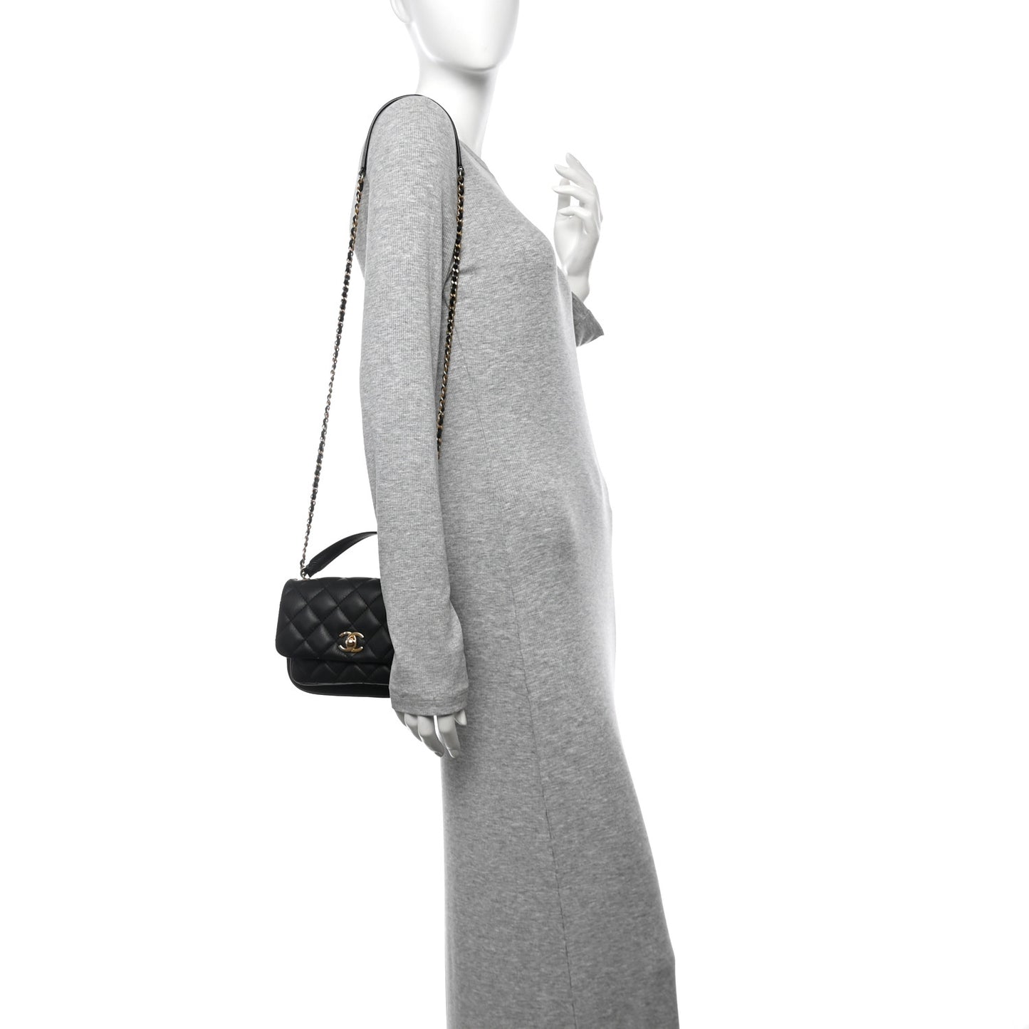 Calfskin Quilted Top Handle Flap Black