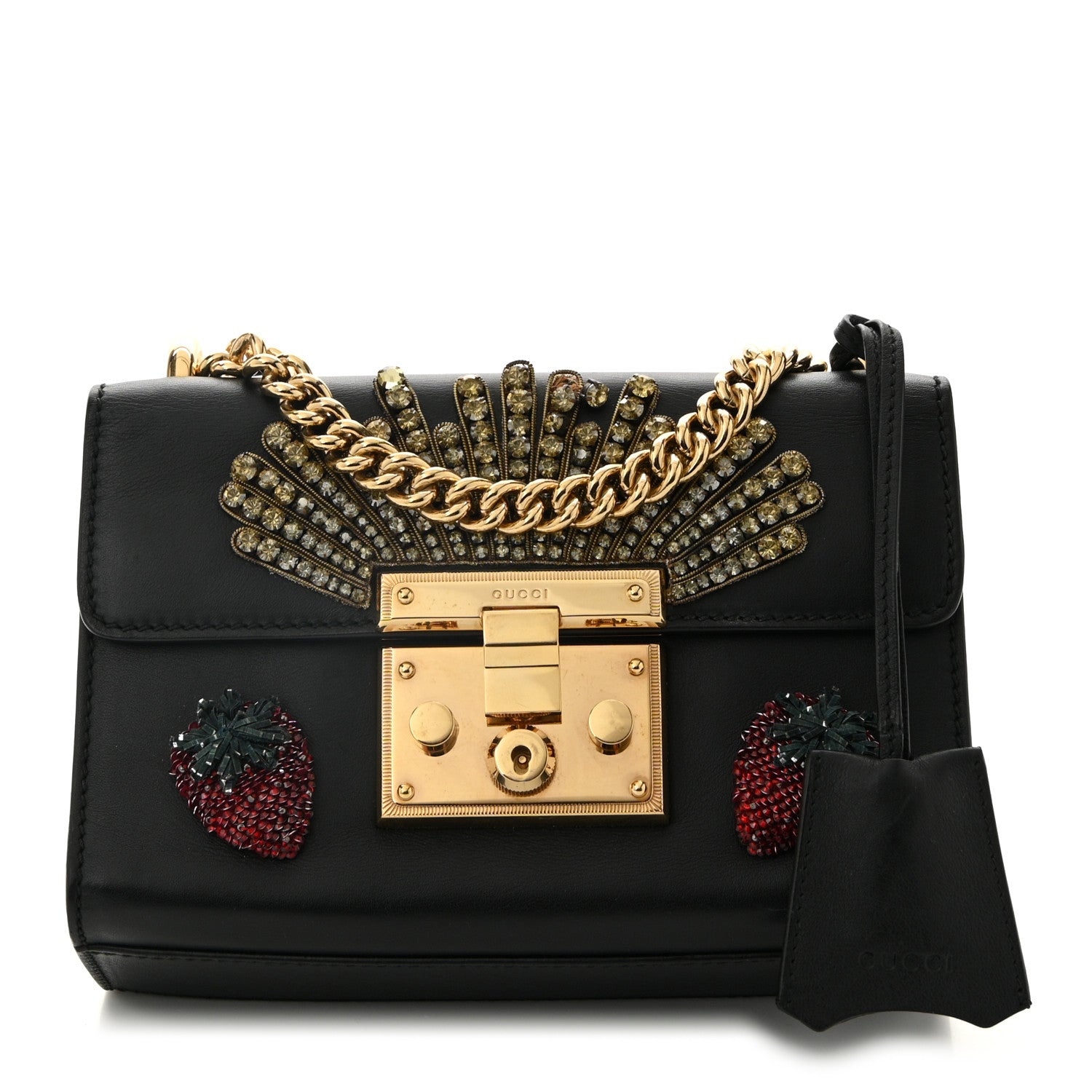 Gucci Calfskin Strawberry Embroidered Small Padlock Shoulder Bag