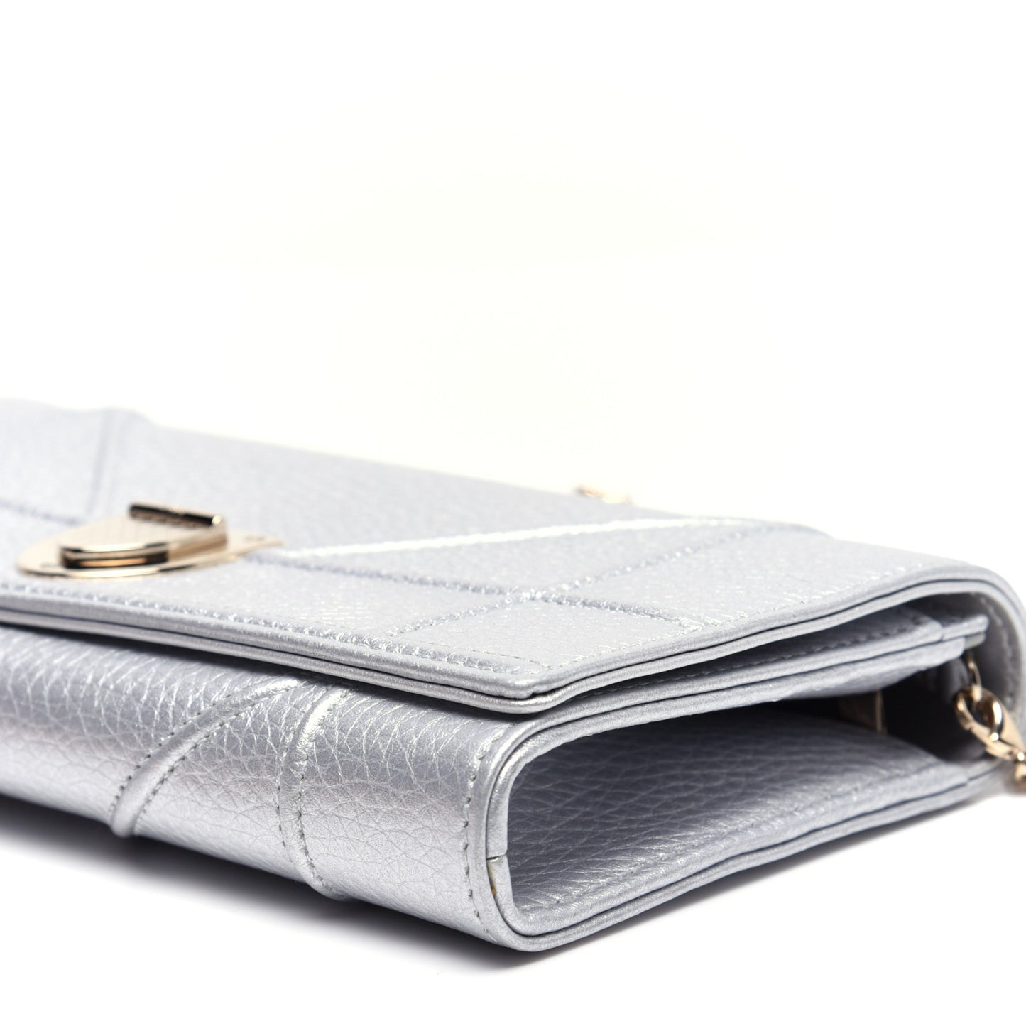 Metallic Grained Calfskin Diorama Croisiere Chain Wallet Silver