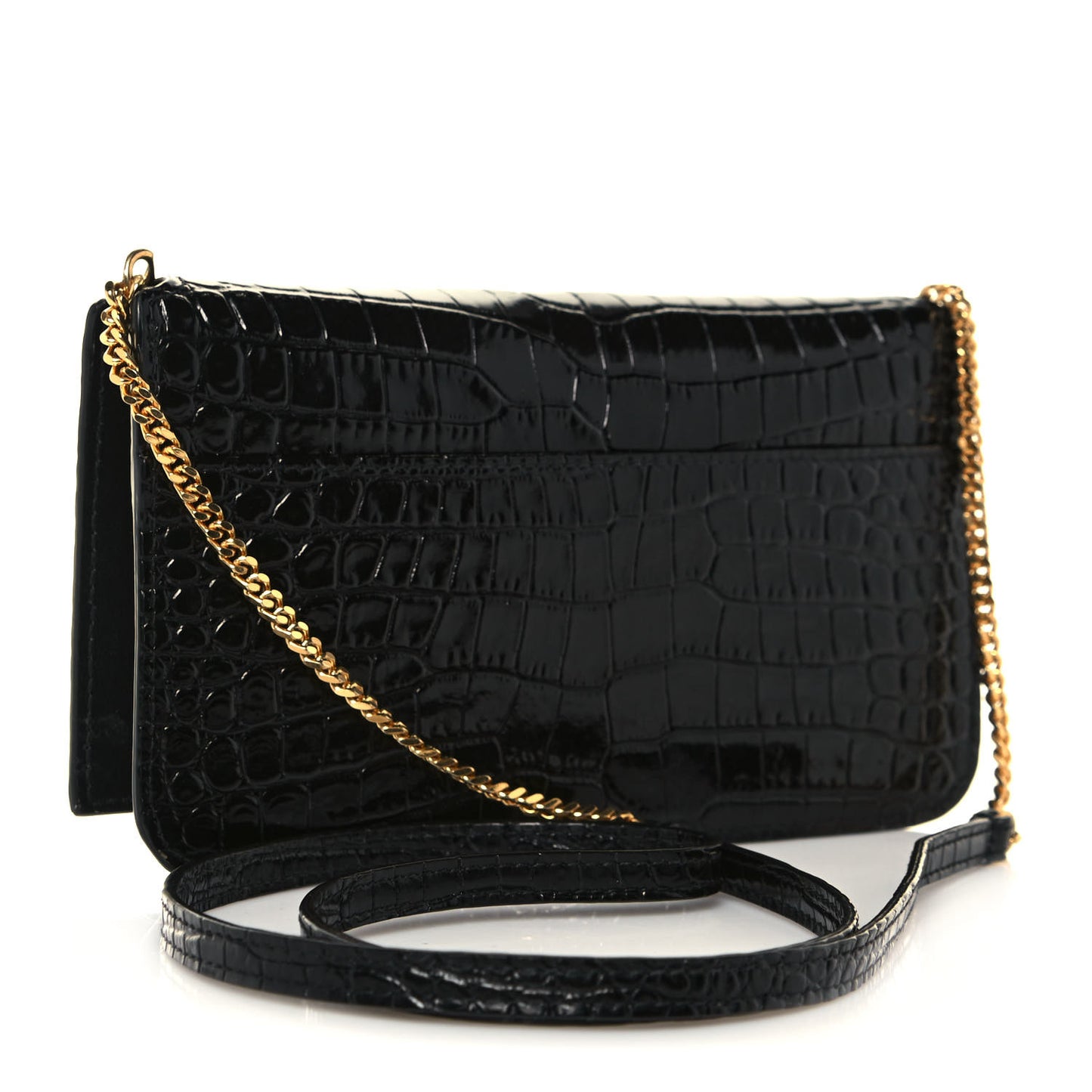 Crocodile Embossed Monogram Phone Holder Crossbody Black