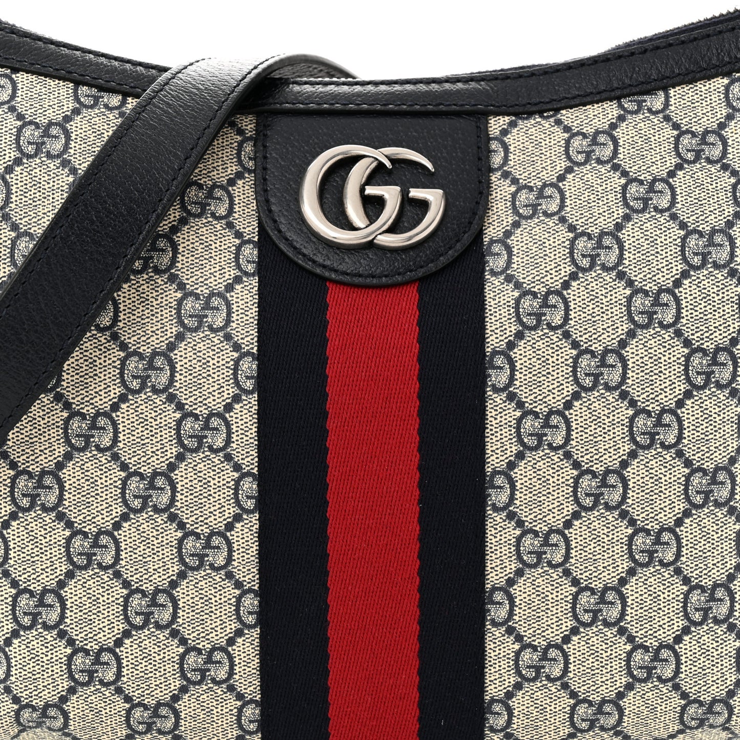 GG Supreme Monogram Textured Dollar Calfskin Web Small Ophidia Half Moon Hobo Beige Blue
