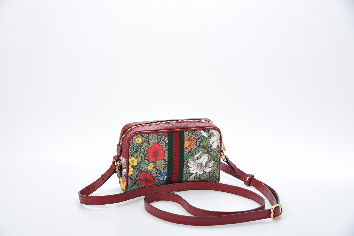 GG Supreme Monogram Flora Web Mini Ophidia Shoulder Bag Red