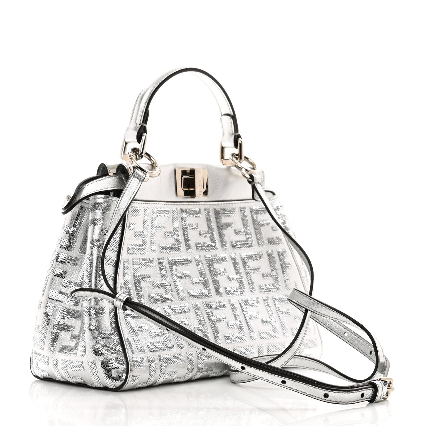Vitello Catalan Mirror Sequin FF 1974 Embroidered Mini Peekaboo Iconic Satchel Argento