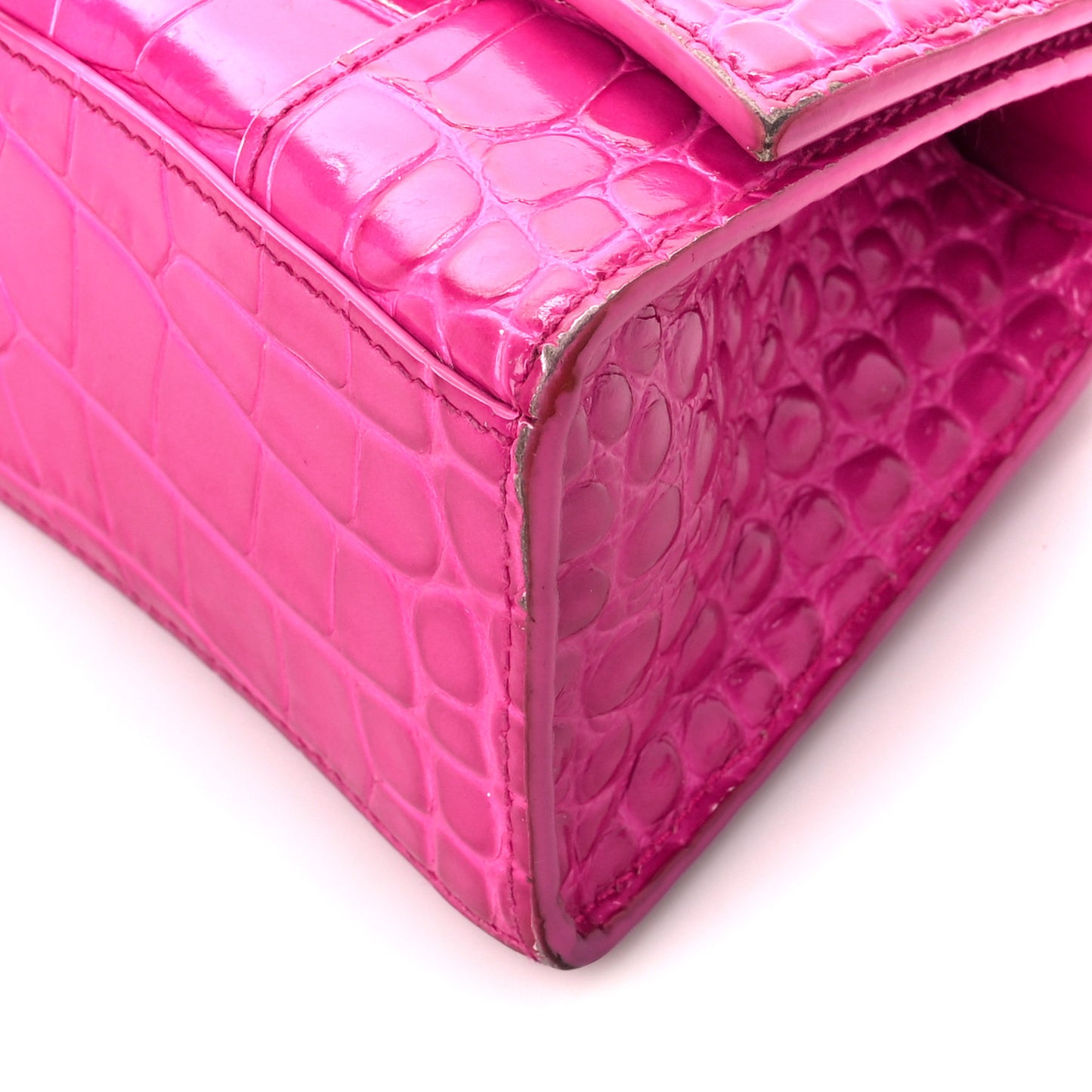 Shiny Calfskin Crocodile Embossed Hourglass Top Handle Bag XS Lipstick Pink