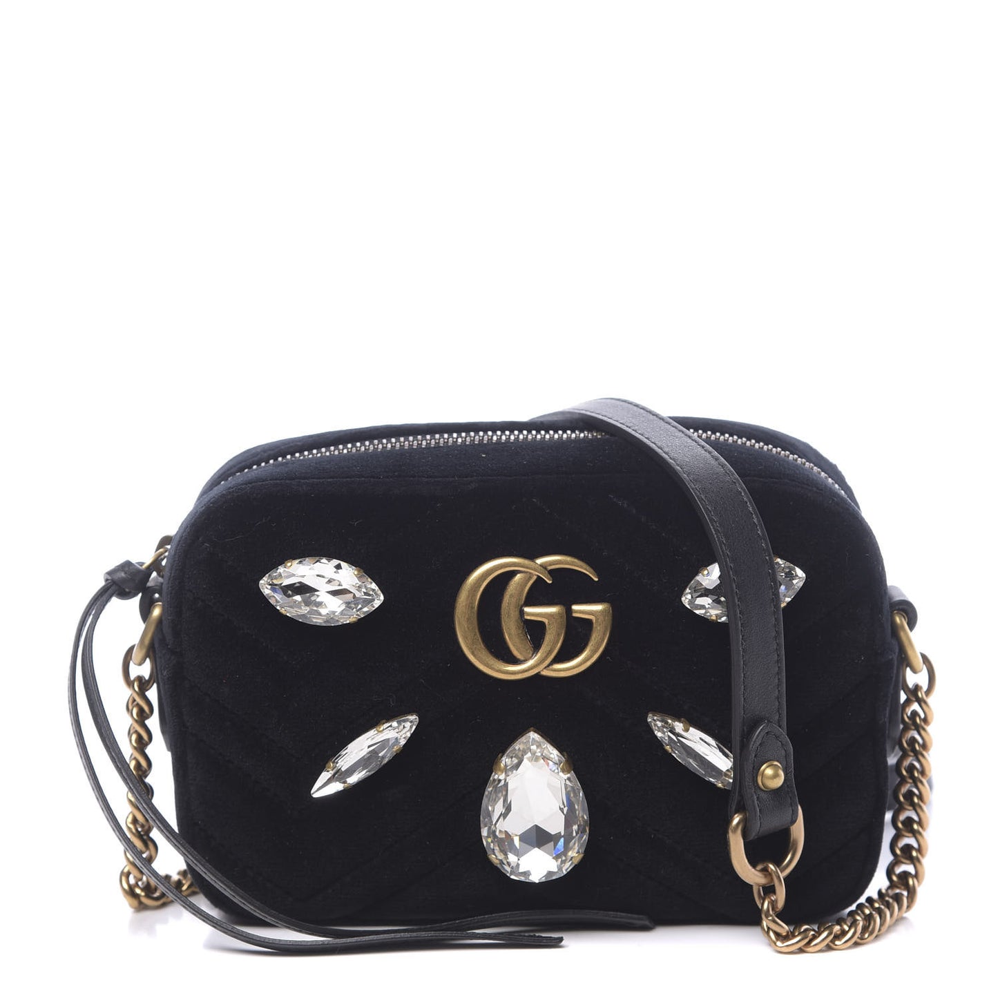 Velvet Matelasse Marquise Crystals Mini GG Marmont Chain Shoulder Bag Black