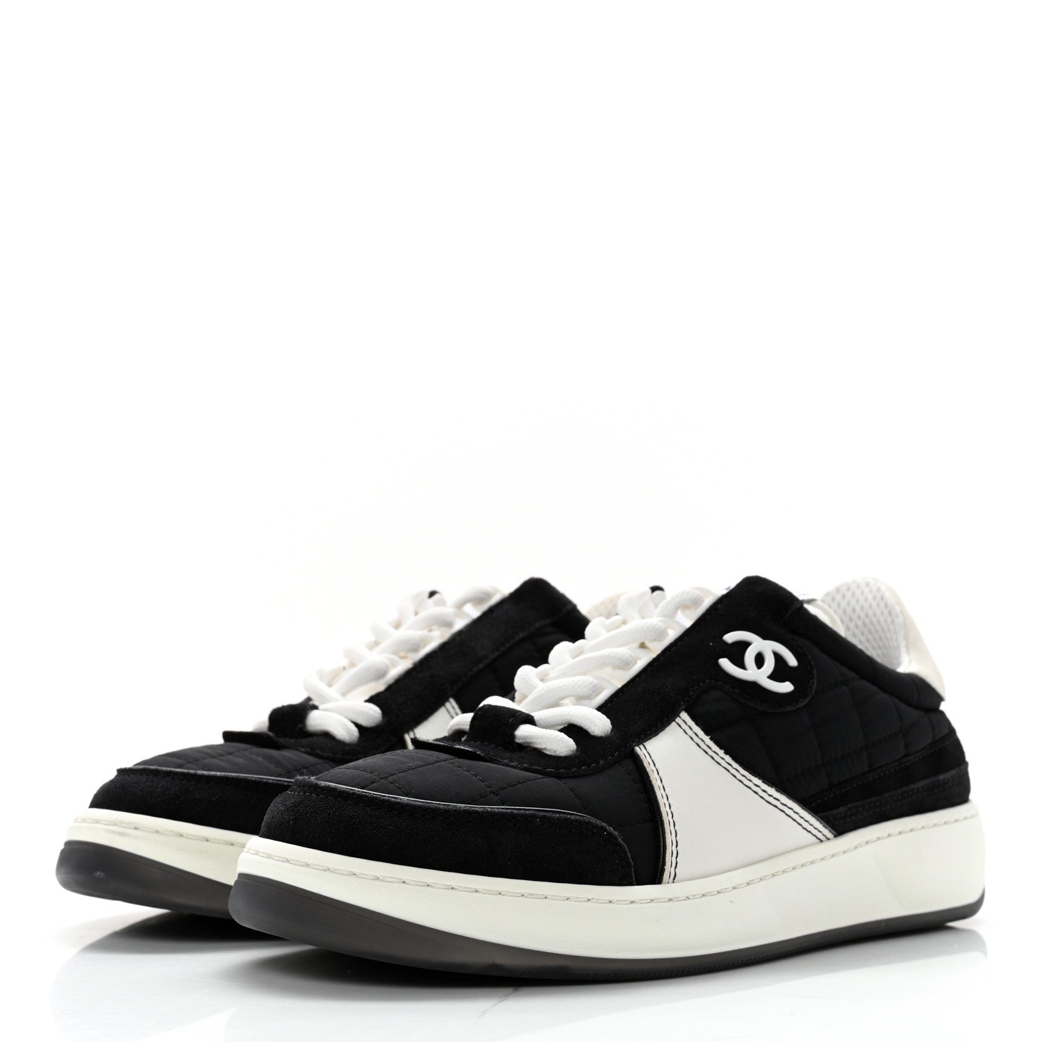 Chanel Suede Fabric Calfskin Womens CC Sneakers 35.5 Black White 3 of 12