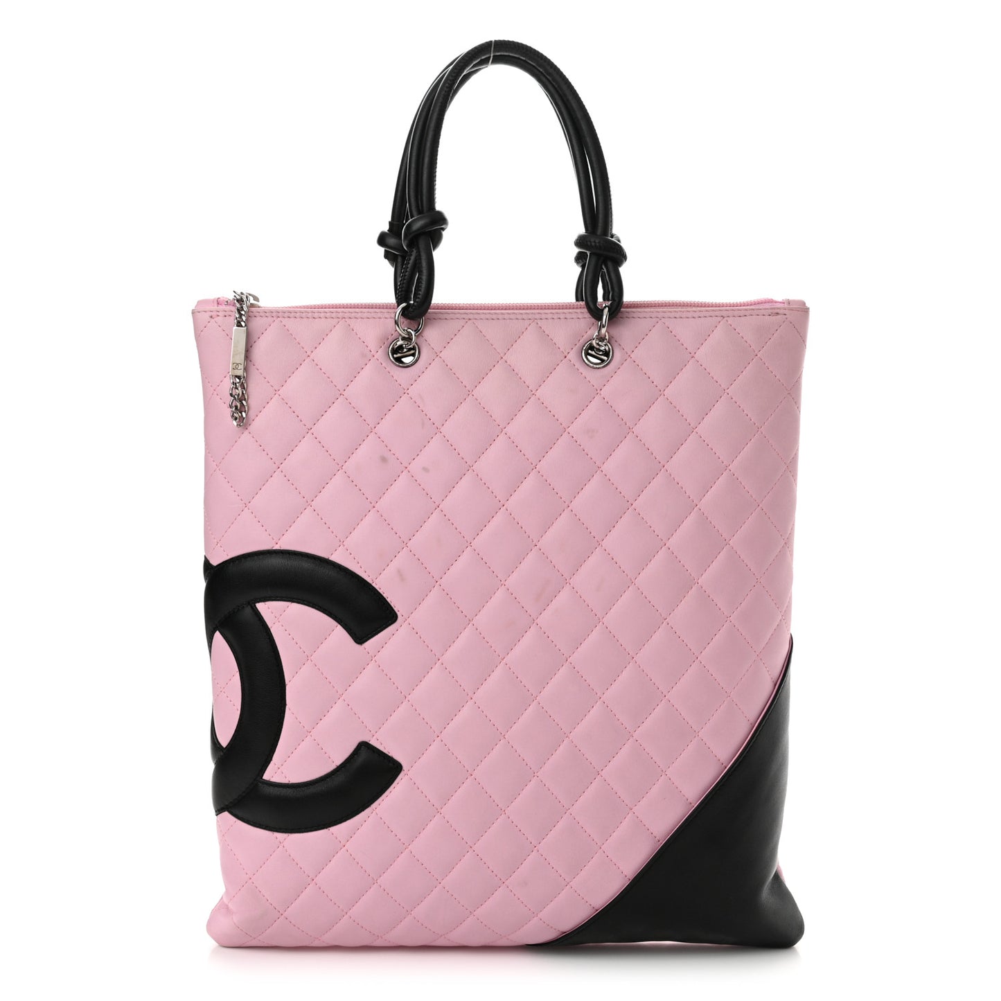 Calfskin Quilted Cambon Flat Tote Pink Black