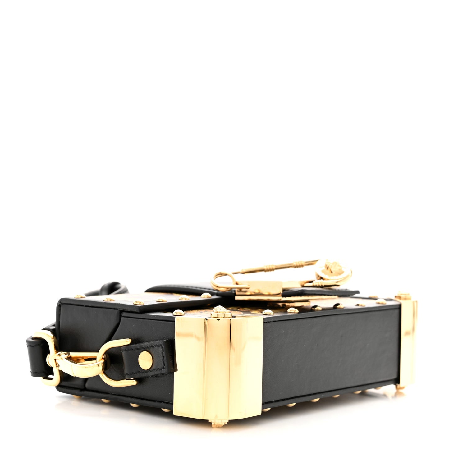 X VERSACE Vitello Cover Fendace Mini FF Baroque Brooch Studded Mini Baguette Trunk Black Gold