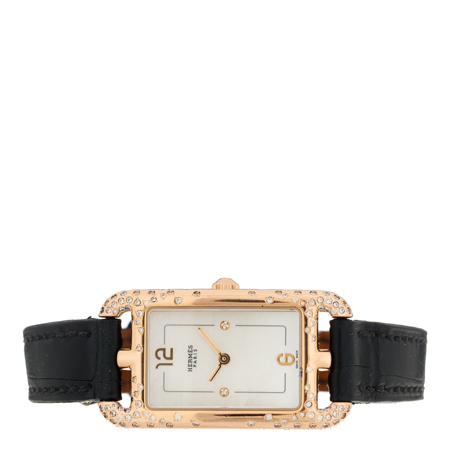 Hermes 18K Rose Gold Alligator Diamond Mother of Pearl 20mm Nantucket Quartz Watch Noir 2 of 5