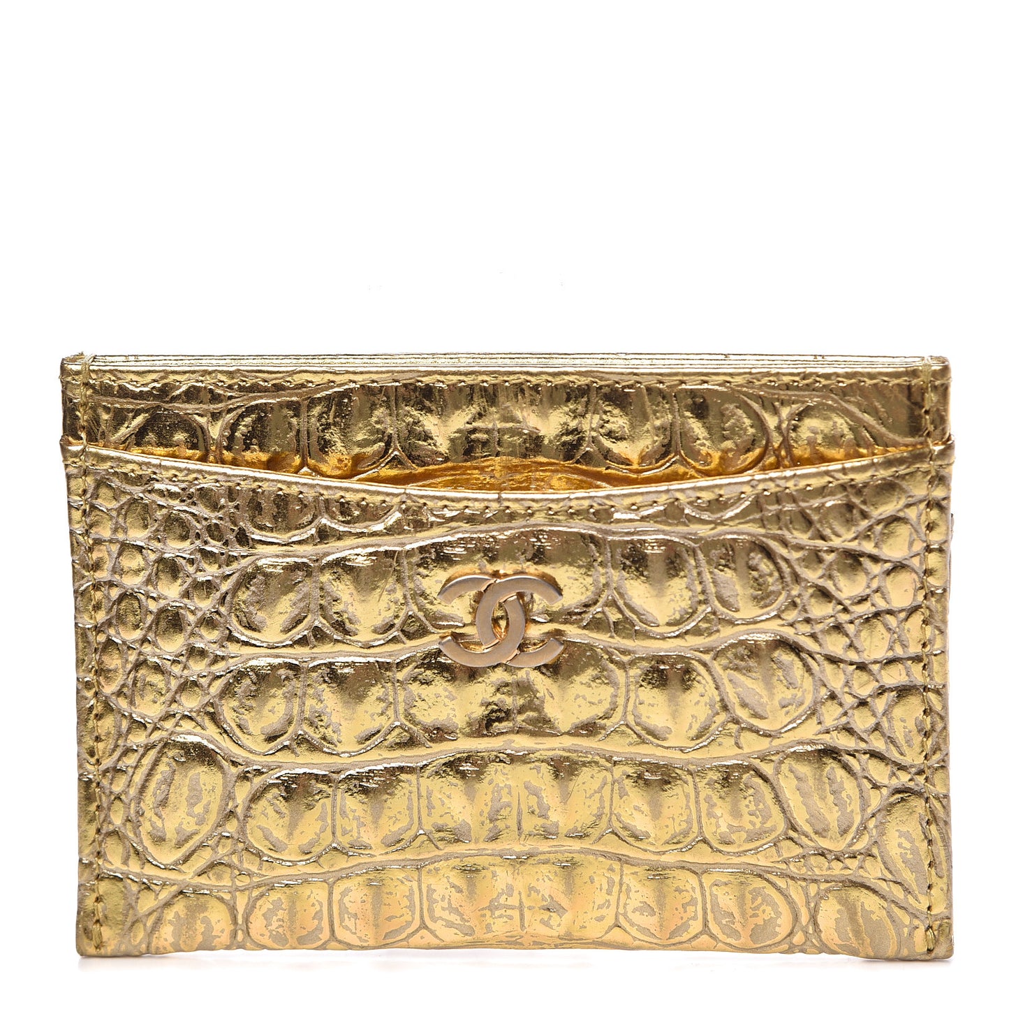 Metallic Calfskin Crocodile Embossed Cocodile Card Holder Gold