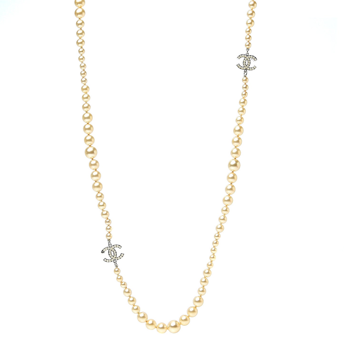 Graduated Pearl CC Long Necklace Silver
