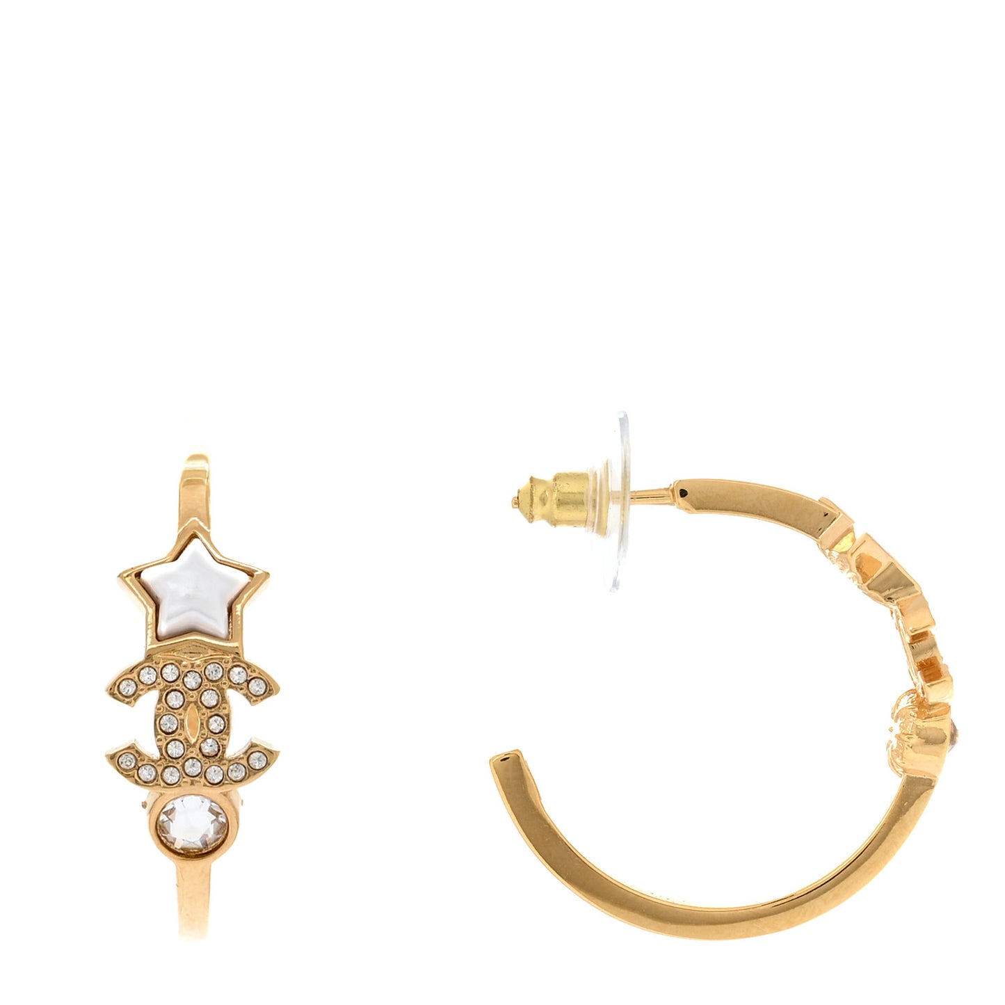 Metal Crystal Pearl CC Star Hoop Earrings Gold Pearly White