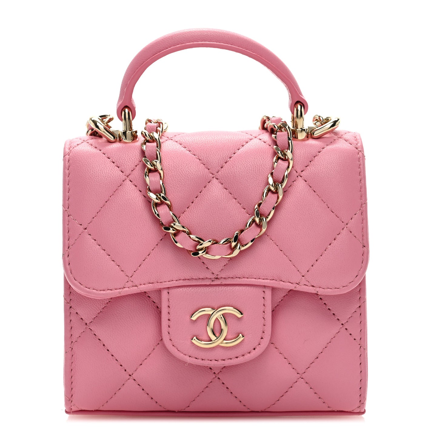 Lambskin Quilted Top Handle Clutch With Chain Pink