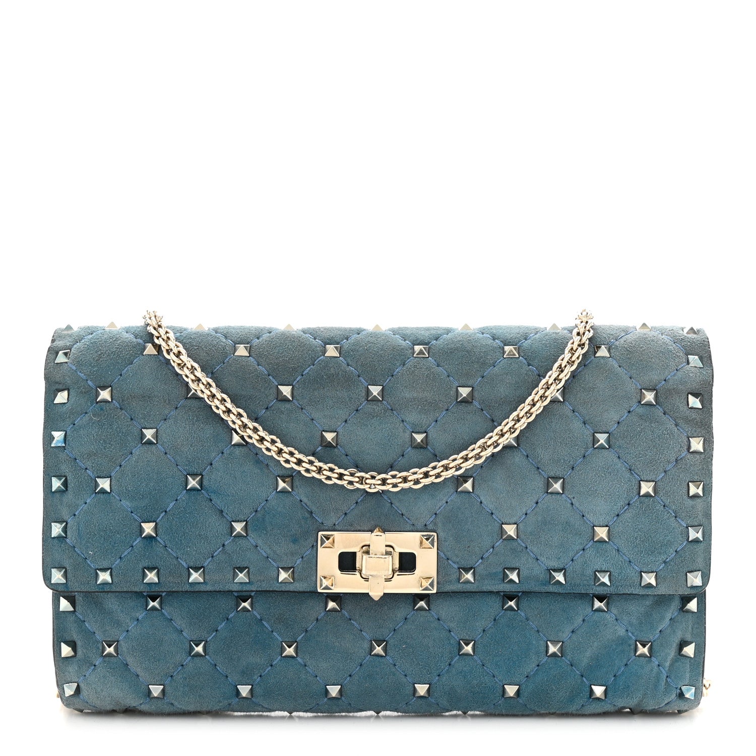 Valentino Garavani Suede Rockstud Spike Wallet on Chain Bright Blue 1 of 11
