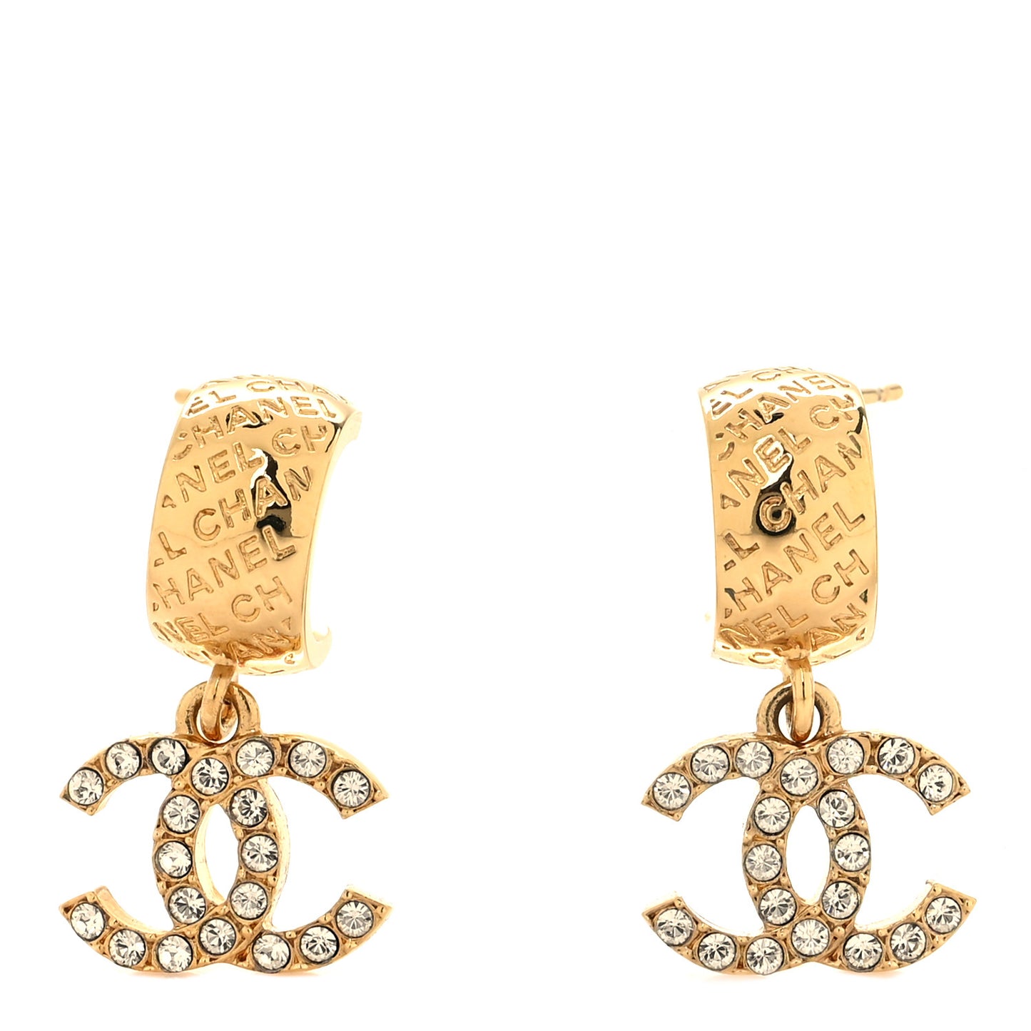 Metal Crystal CC Logo Hoop Drop Earrings Gold